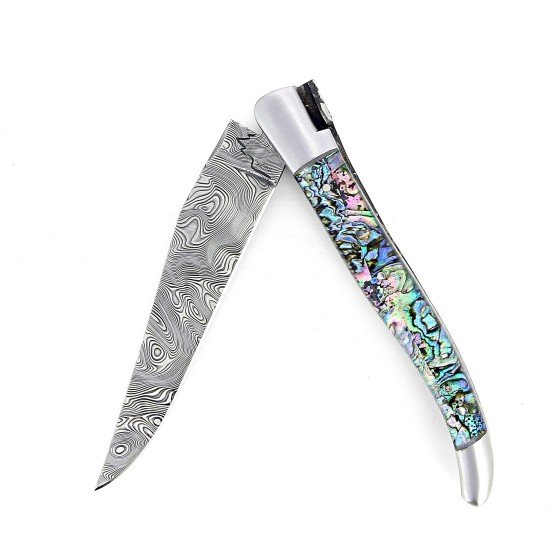 Laguiole 12 cm Abeille Forgée Double Platine manche en abalone et deux mitres inox lame damas inox