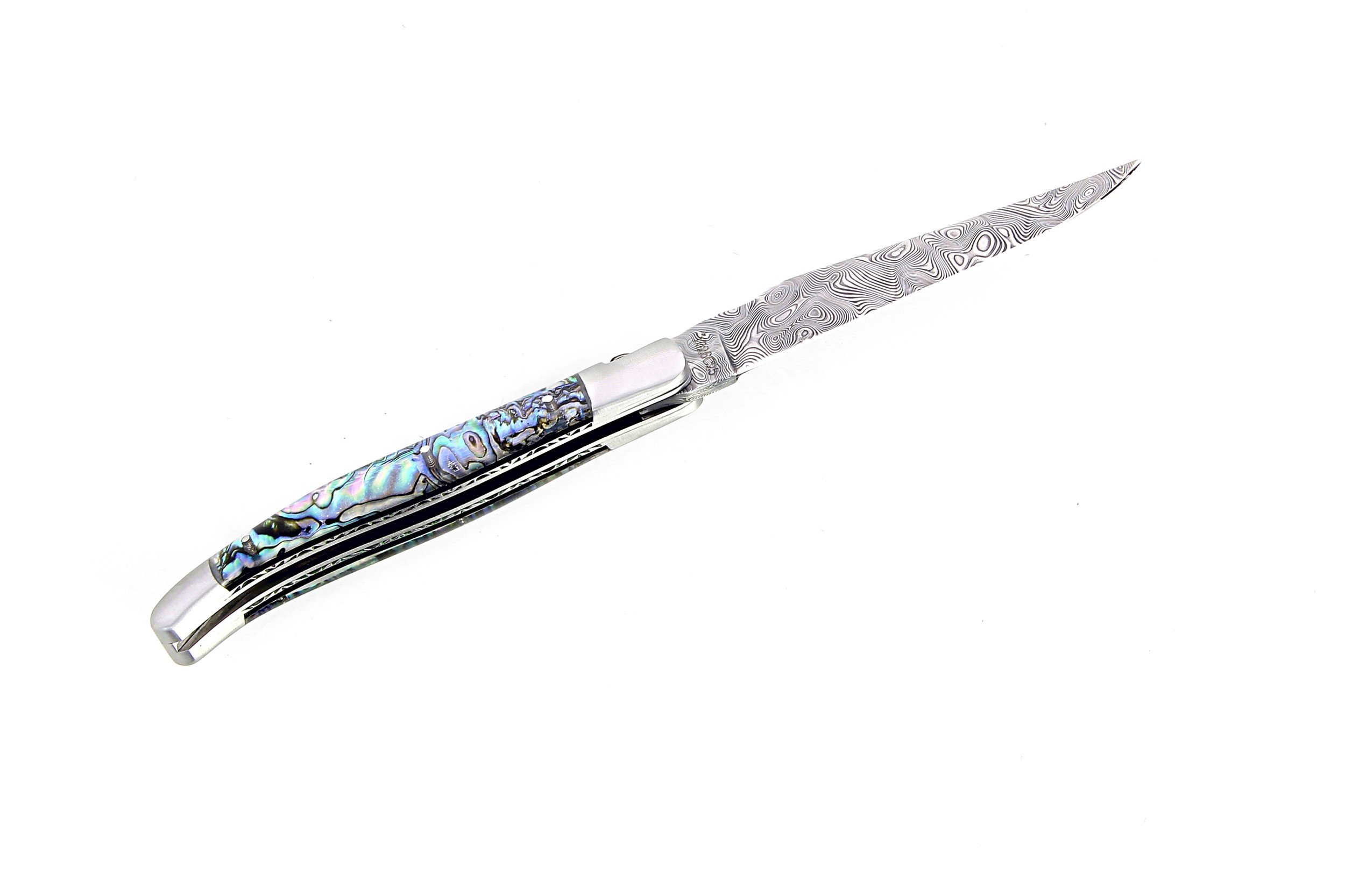 Laguiole 12 cm Abeille Forgée Double Platine manche en abalone et deux mitres inox lame damas inox