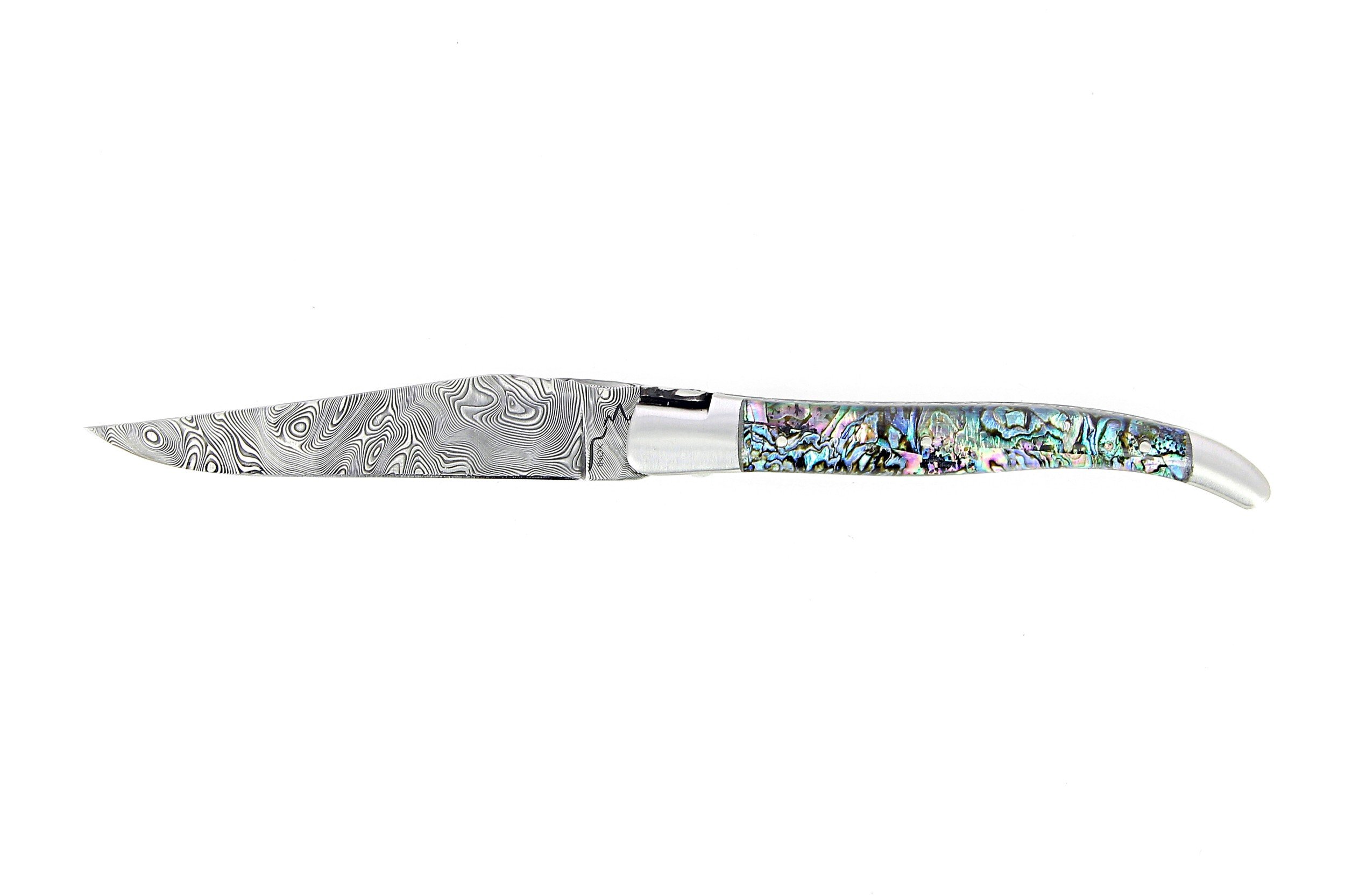 Laguiole 12 cm Abeille Forgée Double Platine manche en abalone et deux mitres inox lame damas inox