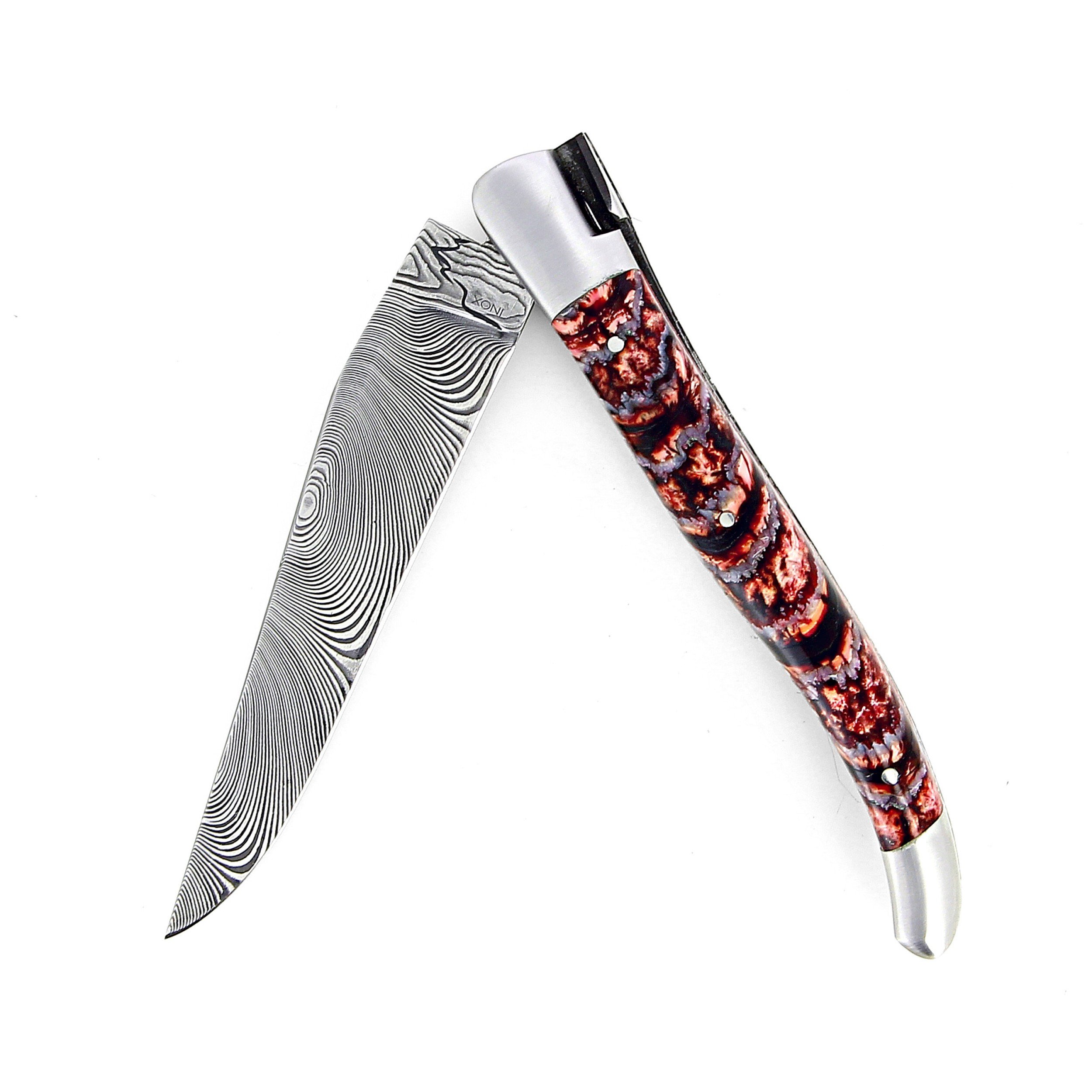 Laguiole 12 cm Abeille Forgée Double Platine manche en molaire de mammouth rouge et deux mitres inox lame damas inox