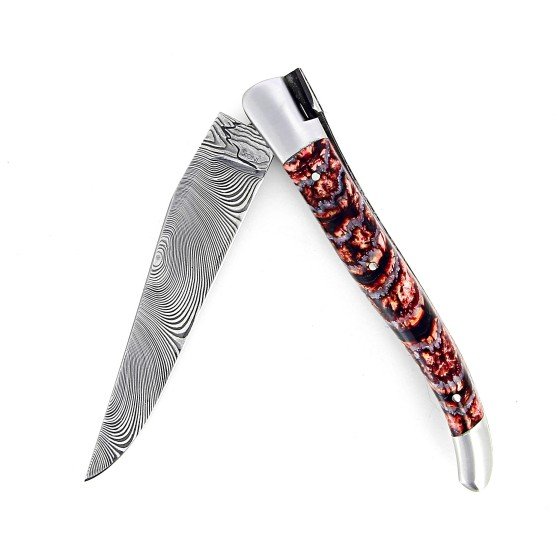 Laguiole 12 cm Abeille Forgée Double Platine manche en molaire de mammouth rouge et deux mitres inox lame damas inox