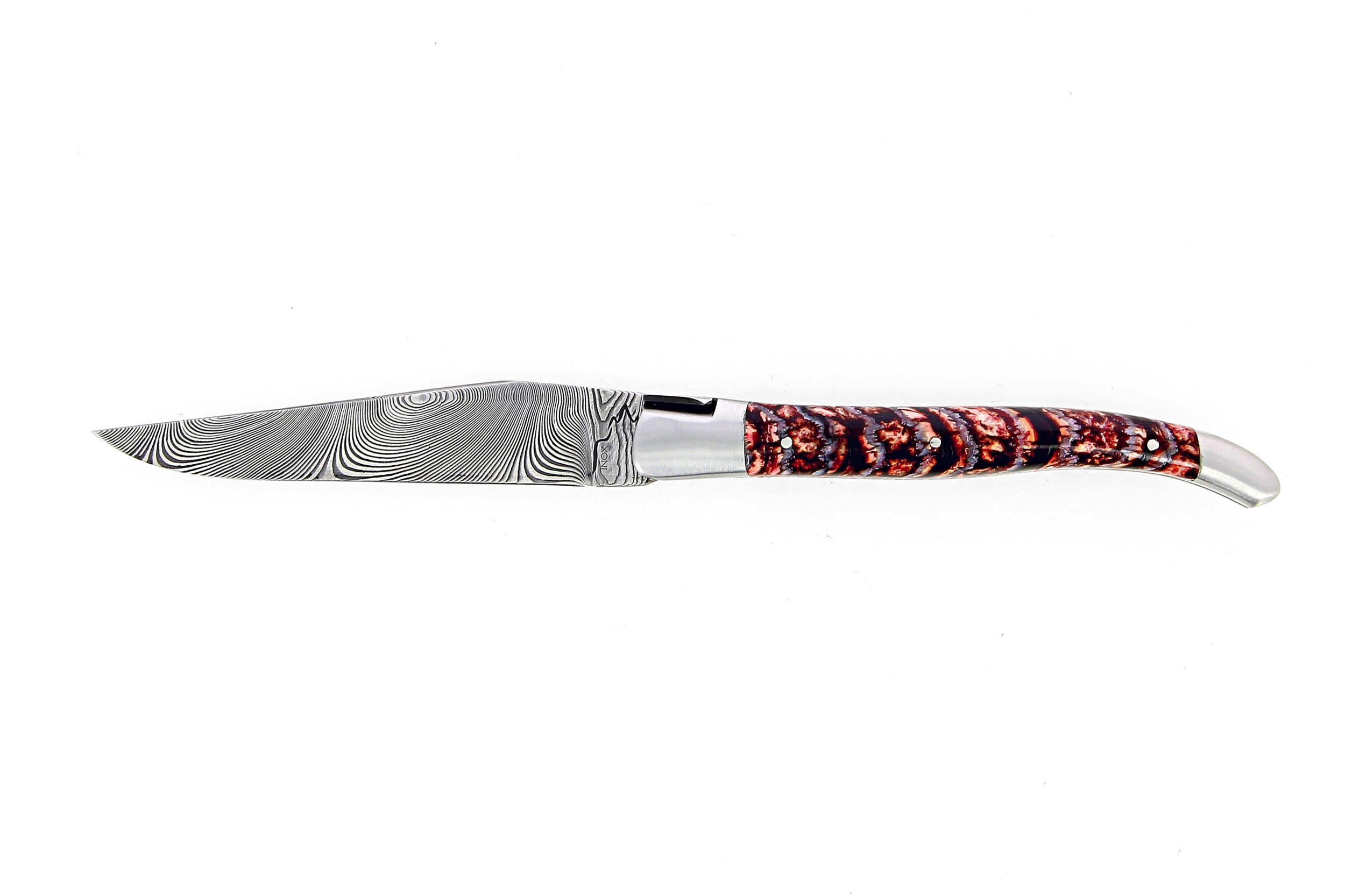 Laguiole 12 cm Abeille Forgée Double Platine manche en molaire de mammouth rouge et deux mitres inox lame damas inox