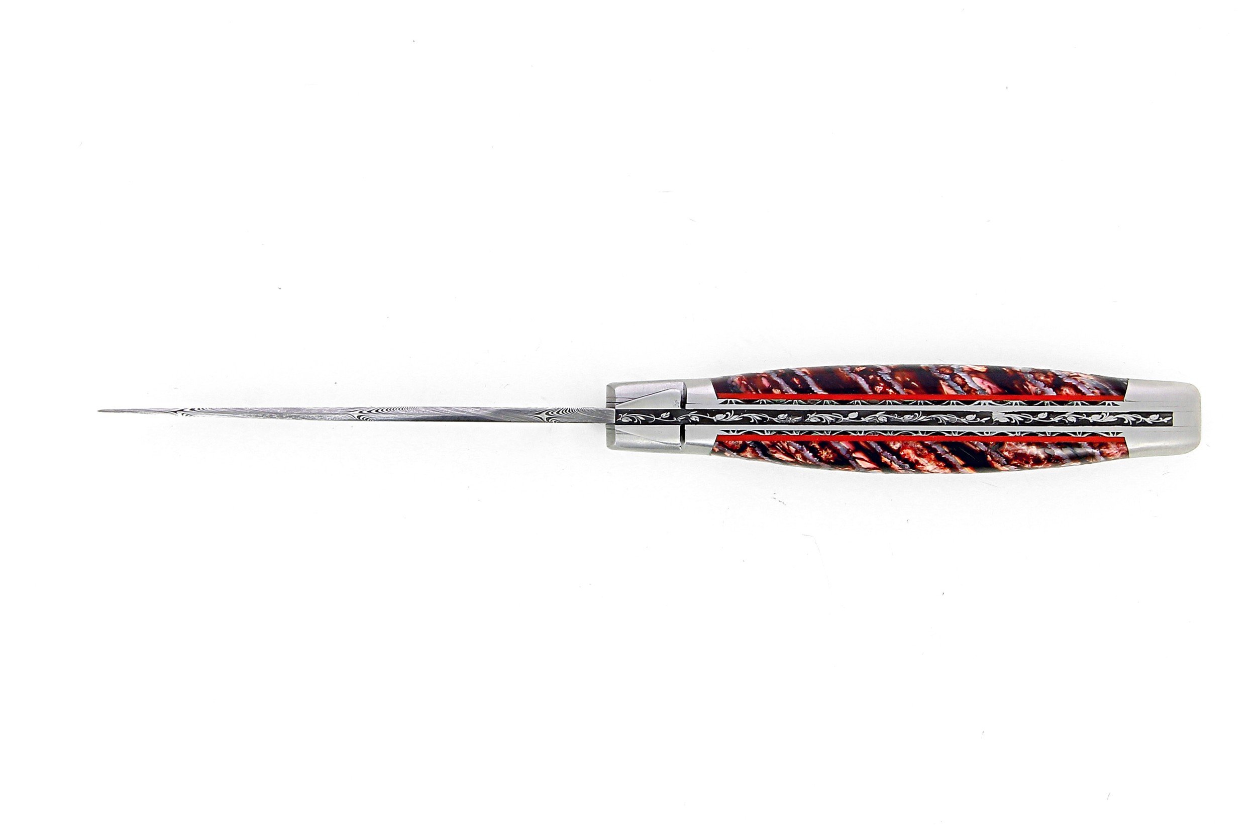 Laguiole 12 cm Abeille Forgée Double Platine manche en molaire de mammouth rouge et deux mitres inox lame damas inox