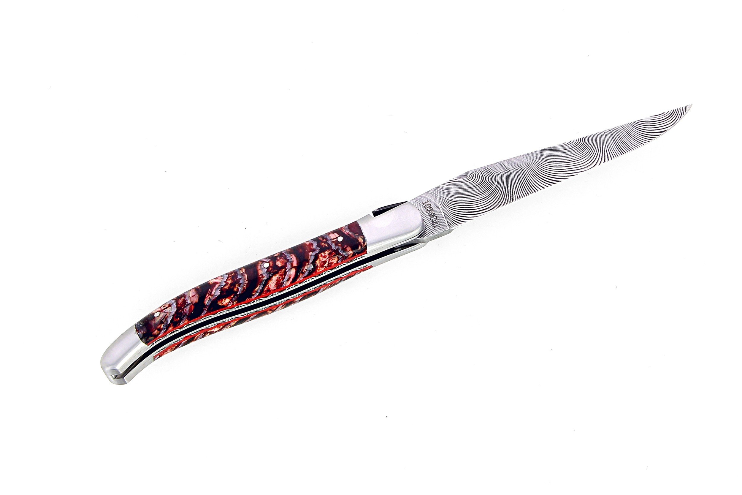 Laguiole 12 cm Abeille Forgée Double Platine manche en molaire de mammouth rouge et deux mitres inox lame damas inox