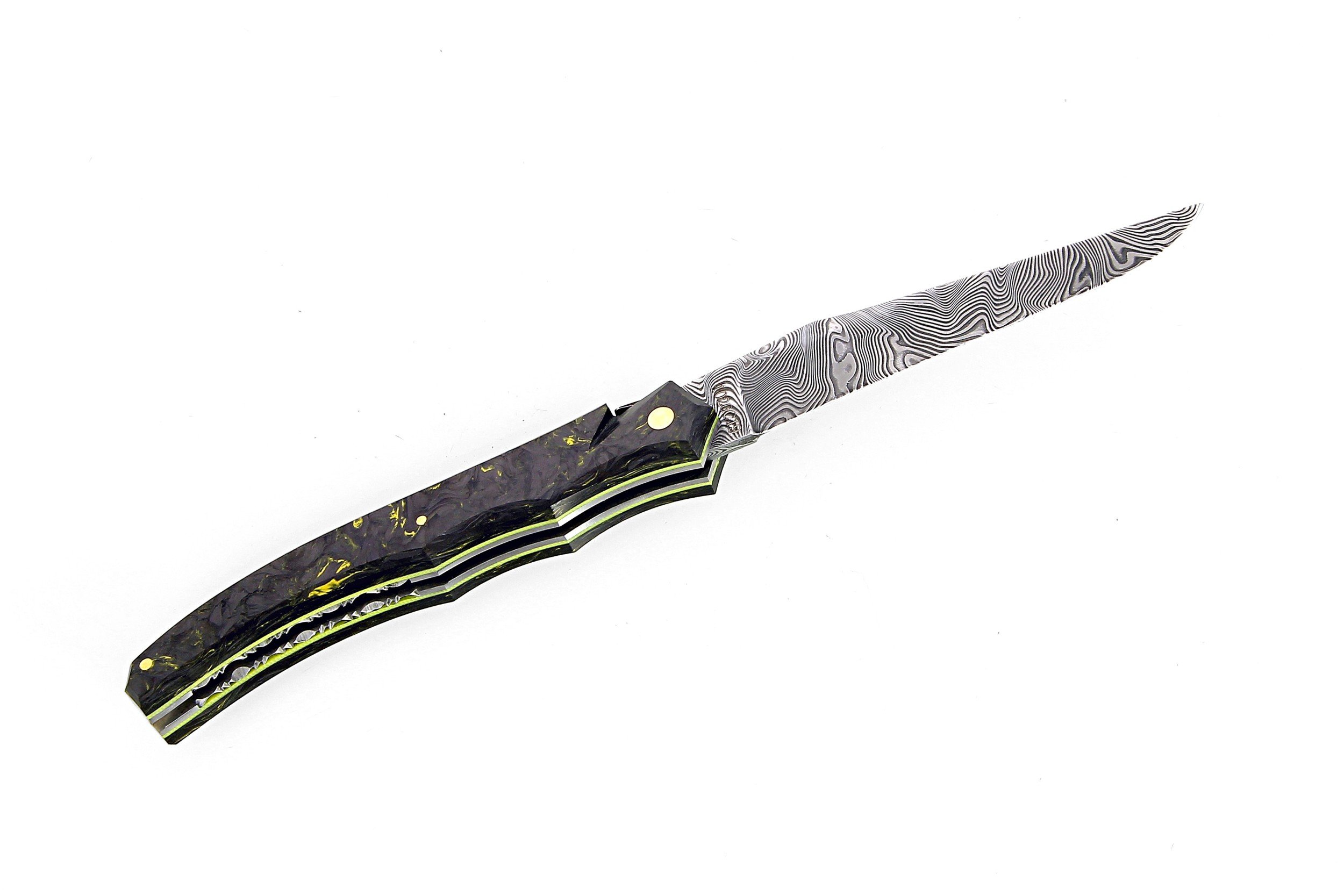 Laguiole Tribal 12 cm Abeille Forgée plein manche en fibre de carbone damasé et jaune, platines guillochées lame damas cinox