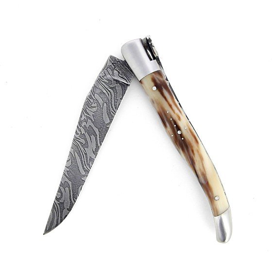 Laguiole 12 cm Abeille Forgée double platine manche en pointe de corne et deux mitres inox platines guillochées lame damas carbone