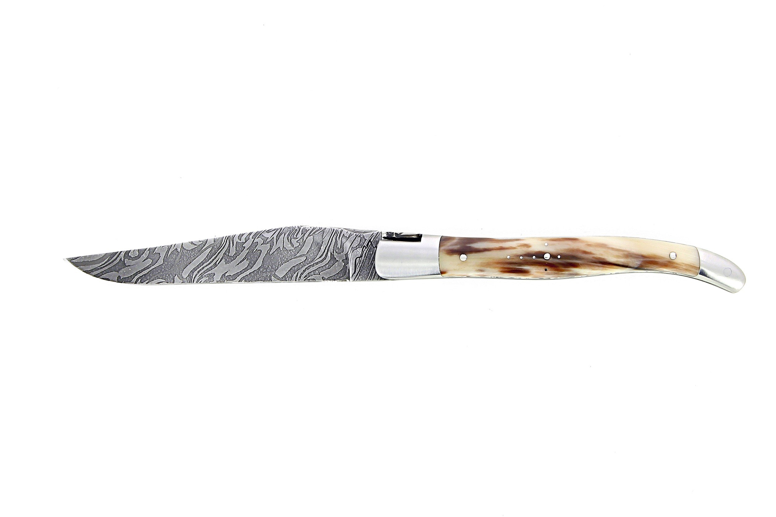Laguiole 12 cm Abeille Forgée double platine manche en pointe de corne et deux mitres inox platines guillochées lame damas carbone
