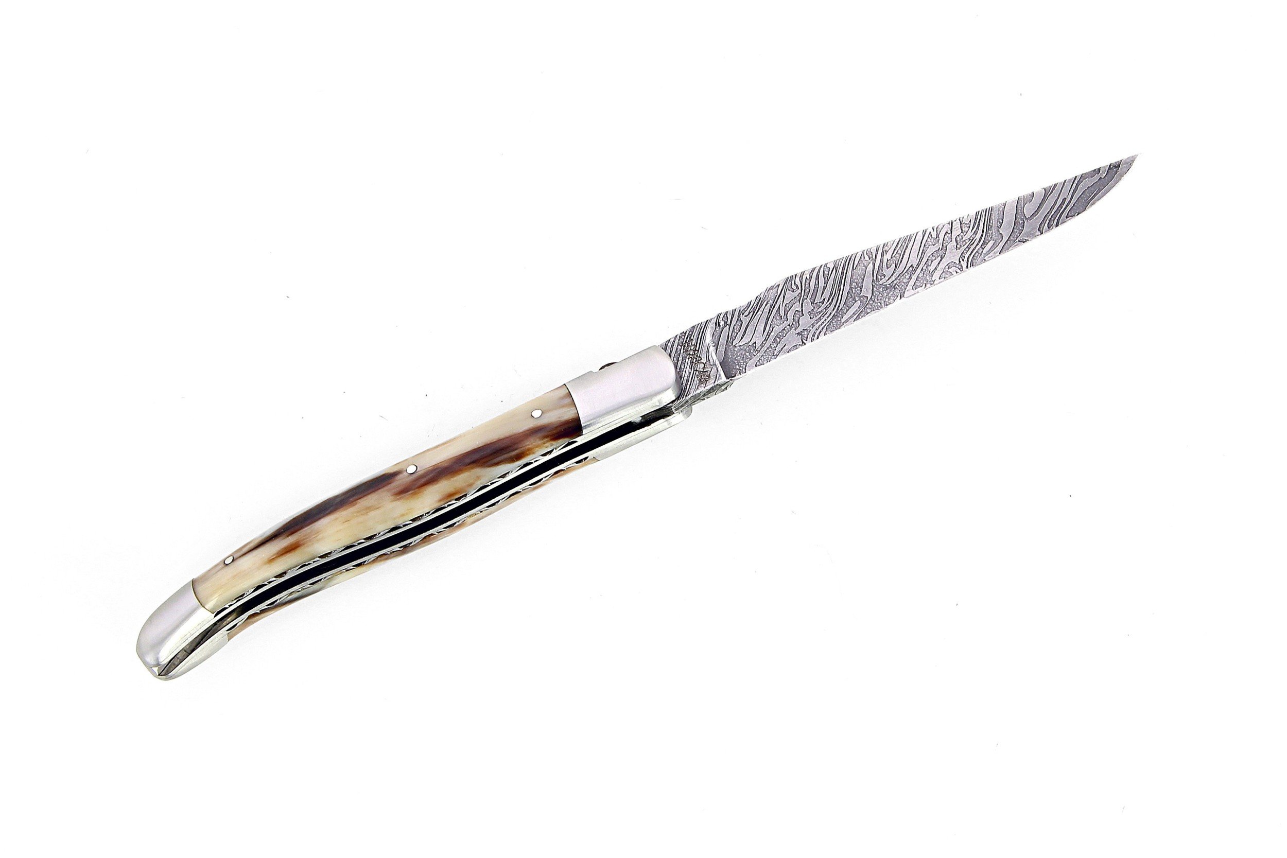 Laguiole 12 cm Abeille Forgée double platine manche en pointe de corne et deux mitres inox platines guillochées lame damas carbone
