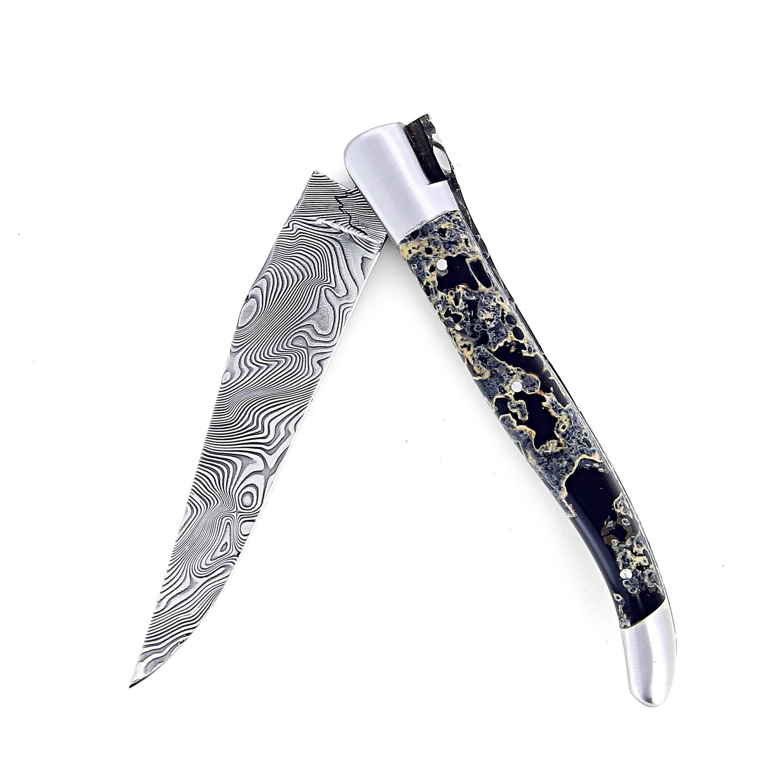 Laguiole 12 cm Abeille Forgée Double Platine manche en pierre de lave et deux mitres inox lame damas inox