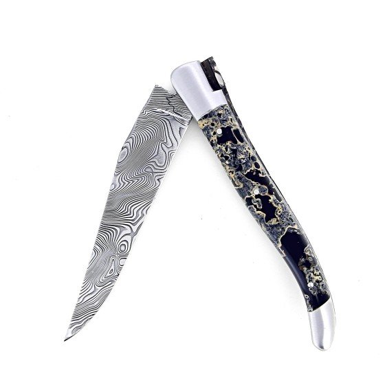 Laguiole 12 cm Abeille Forgée Double Platine manche en pierre de lave et deux mitres inox lame damas inox