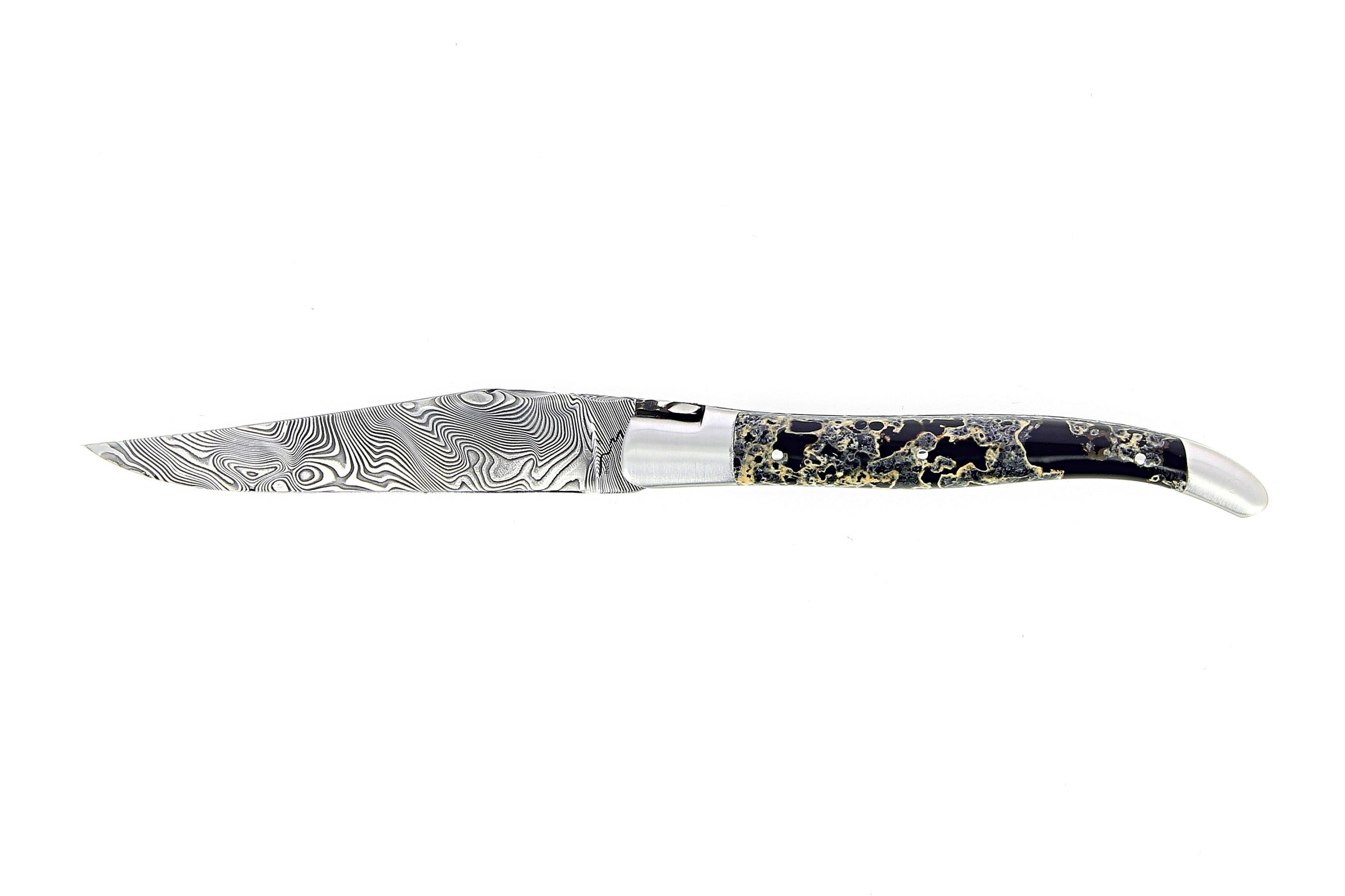 Laguiole 12 cm Abeille Forgée Double Platine manche en pierre de lave et deux mitres inox lame damas inox