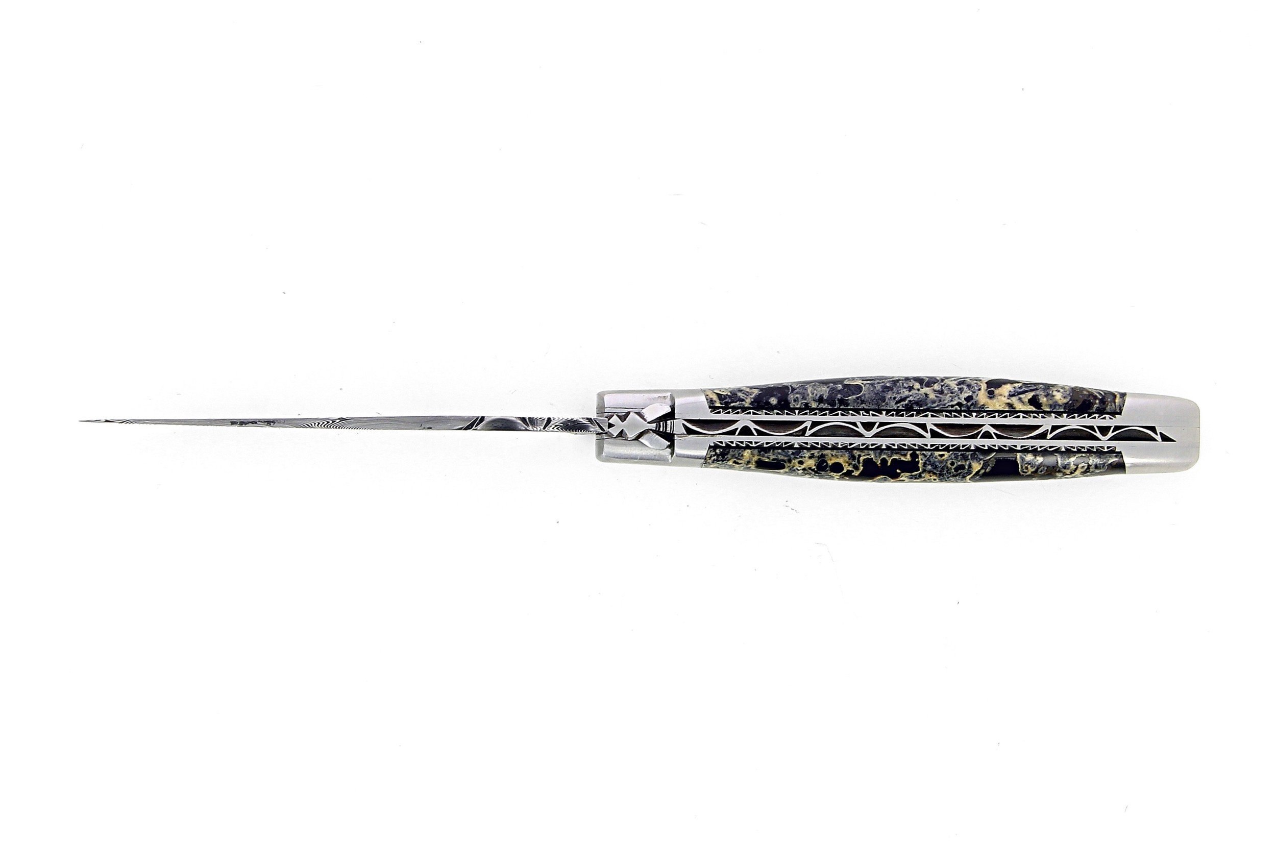 Laguiole 12 cm Abeille Forgée Double Platine manche en pierre de lave et deux mitres inox lame damas inox