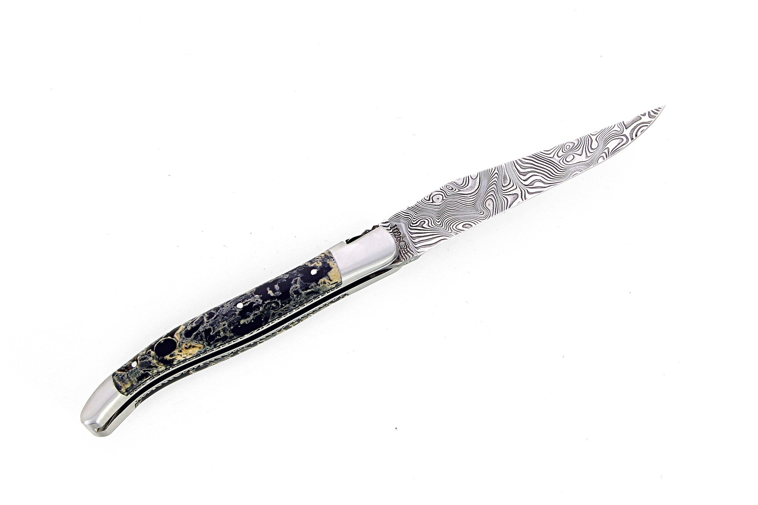 Laguiole 12 cm Abeille Forgée Double Platine manche en pierre de lave et deux mitres inox lame damas inox