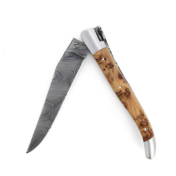 Laguiole 12 cm Abeille Forgée Double Platine manche en bois de cade et deux mitres inox lame damas inox