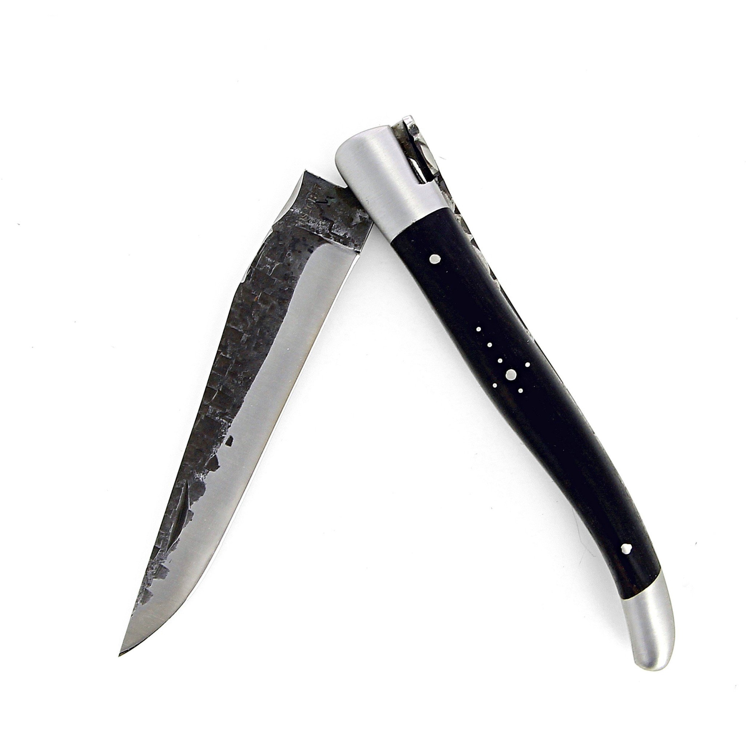 Laguiole 12 cm Abeille Forgée Double Platine manche en bois d'ebene et deux mitres inox lame brute de forge 12C27