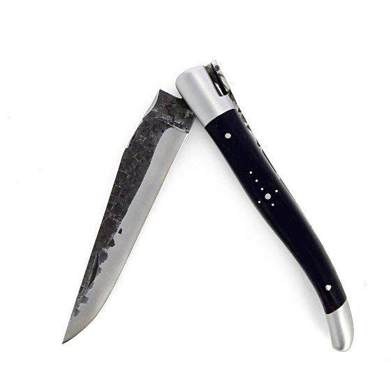 Laguiole 12 cm Abeille Forgée Double Platine manche en bois d'ebene et deux mitres inox lame brute de forge 12C27