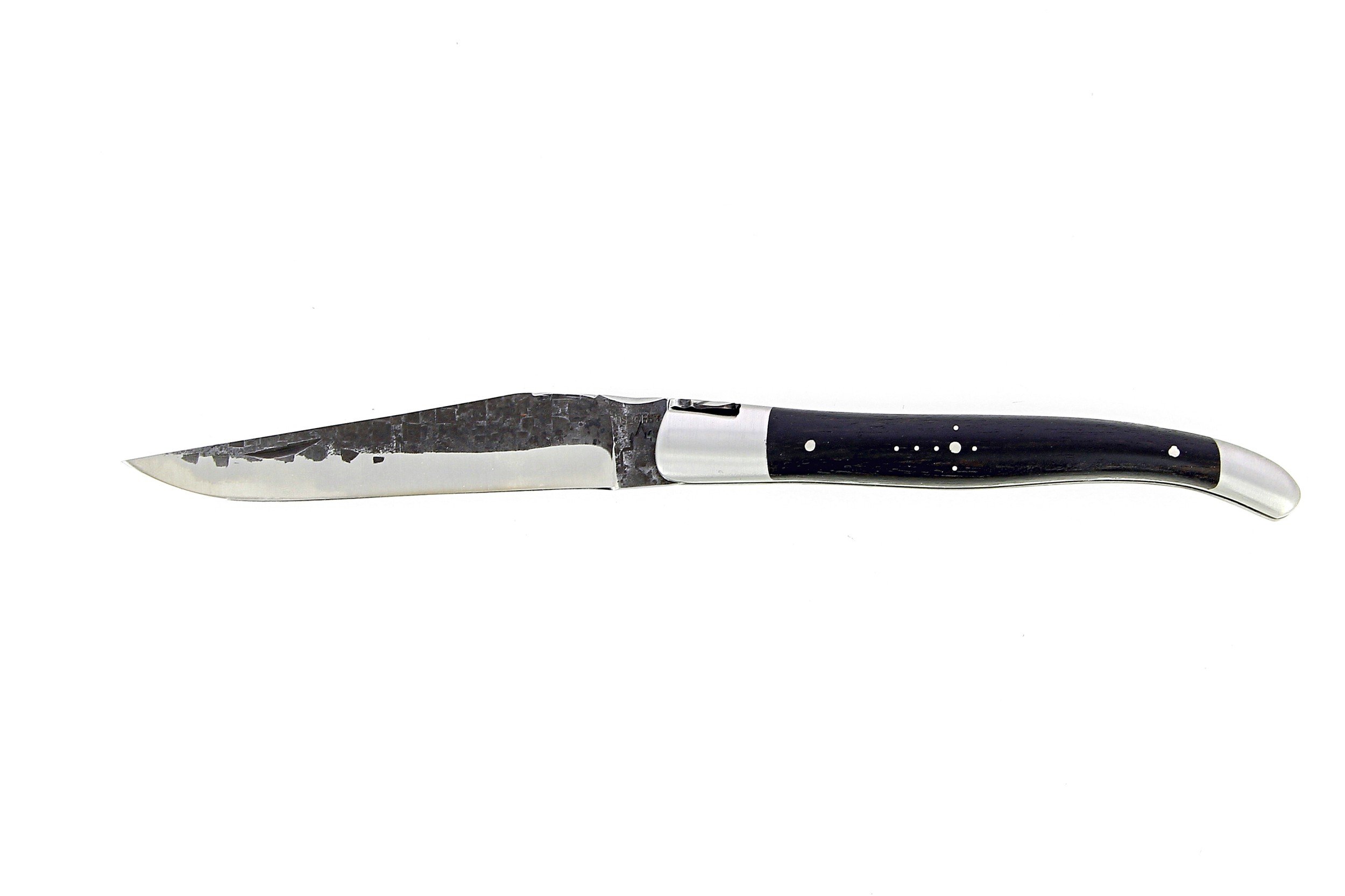 Laguiole 12 cm Abeille Forgée Double Platine manche en bois d'ebene et deux mitres inox lame brute de forge 12C27