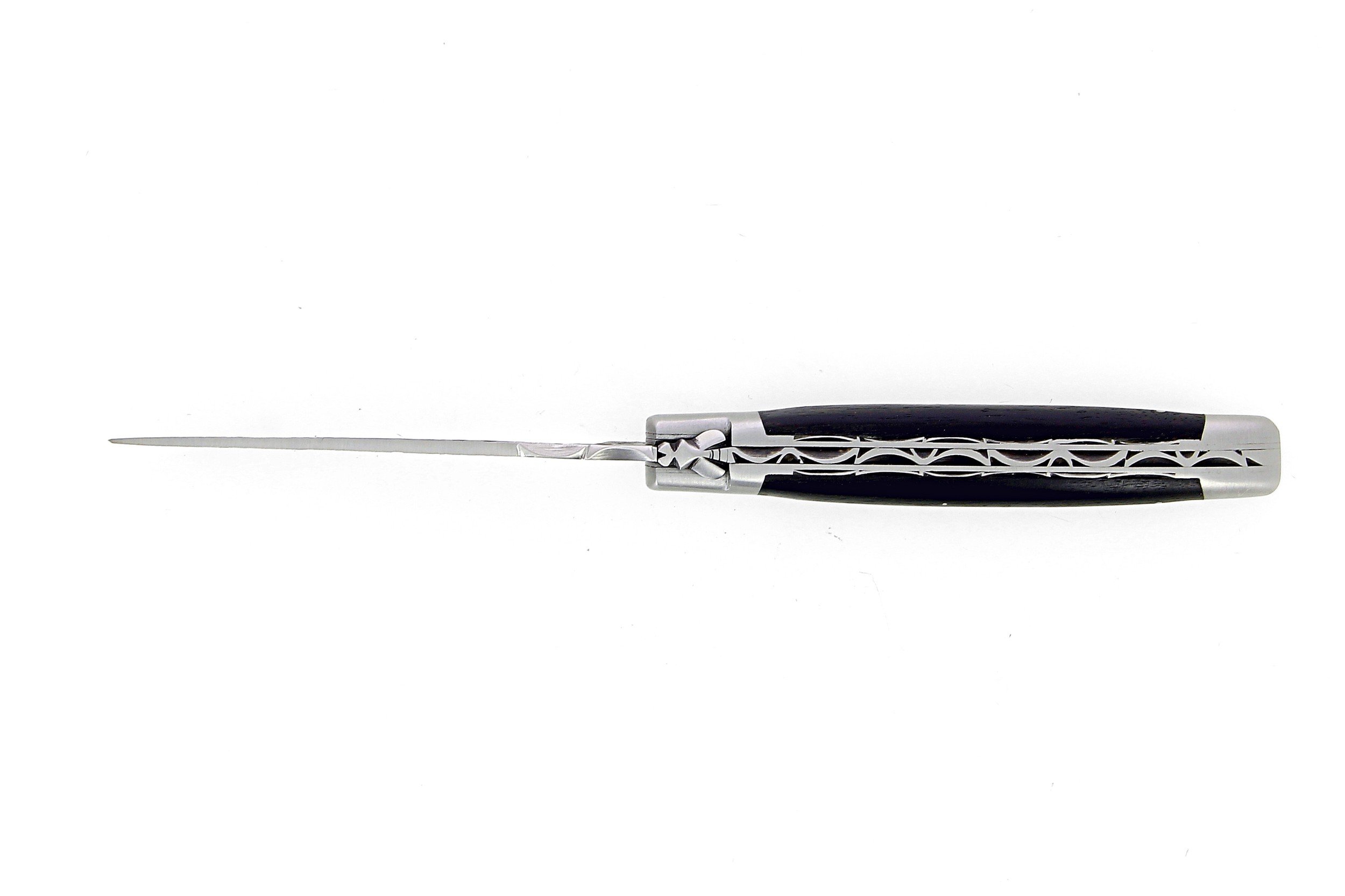 Laguiole 12 cm Abeille Forgée Double Platine manche en bois d'ebene et deux mitres inox lame brute de forge 12C27