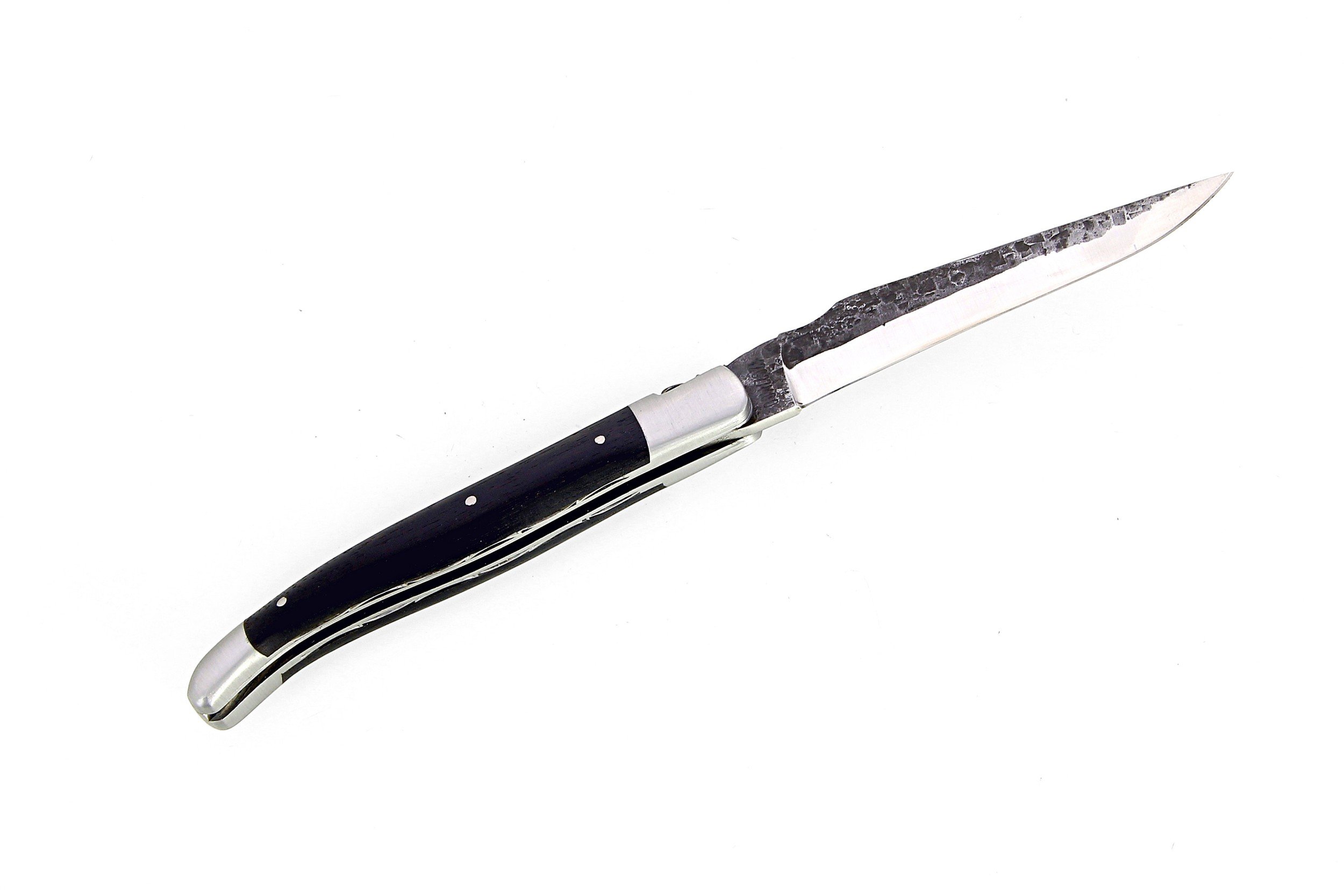 Laguiole 12 cm Abeille Forgée Double Platine manche en bois d'ebene et deux mitres inox lame brute de forge 12C27