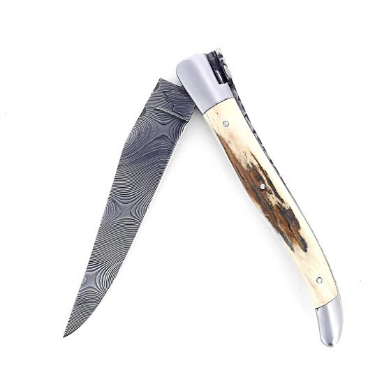 Laguiole 12 cm Abeille Forgée Double Platine manche en ivoire de mammouth et deux mitres inox lame damas inox