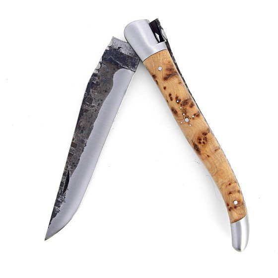 Laguiole pliant doubles platines, 13 cm, manche en genévrier, mitres inox brossées