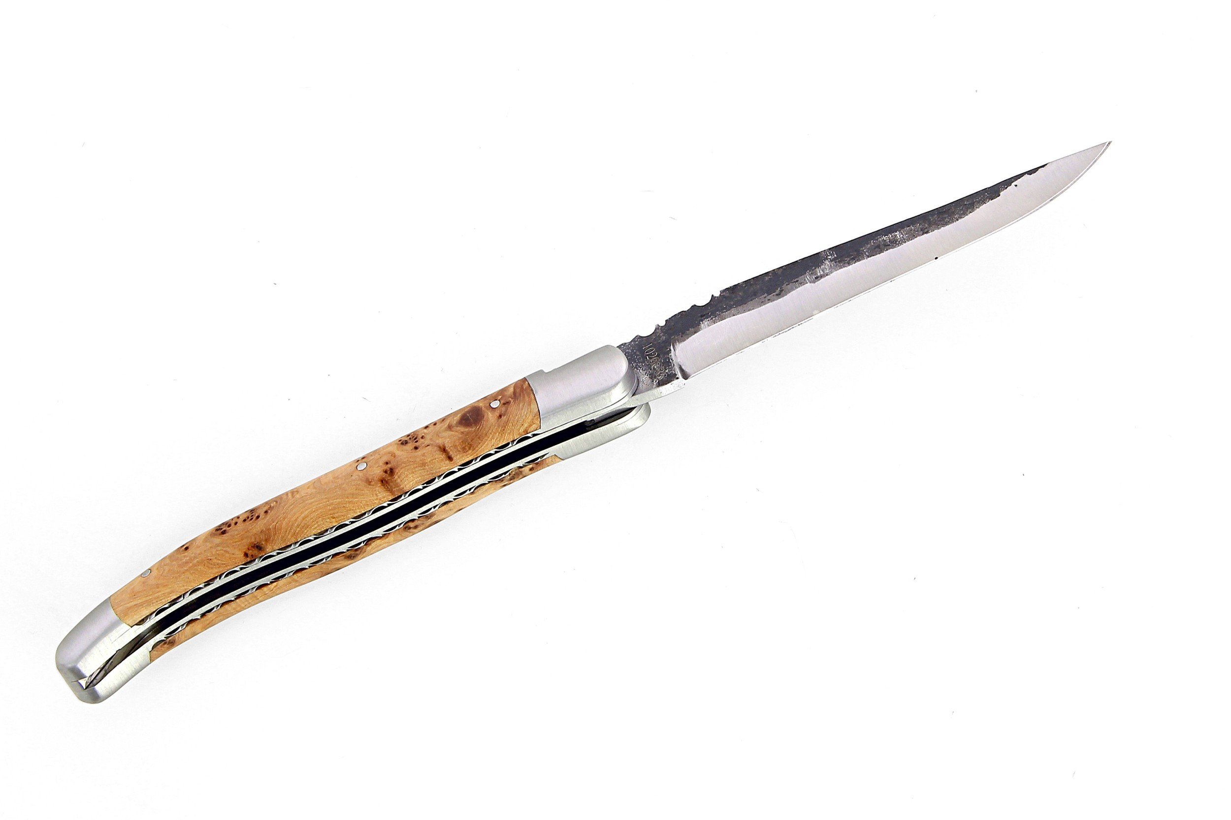 Laguiole pliant doubles platines, 13 cm, manche en genévrier, mitres inox brossées