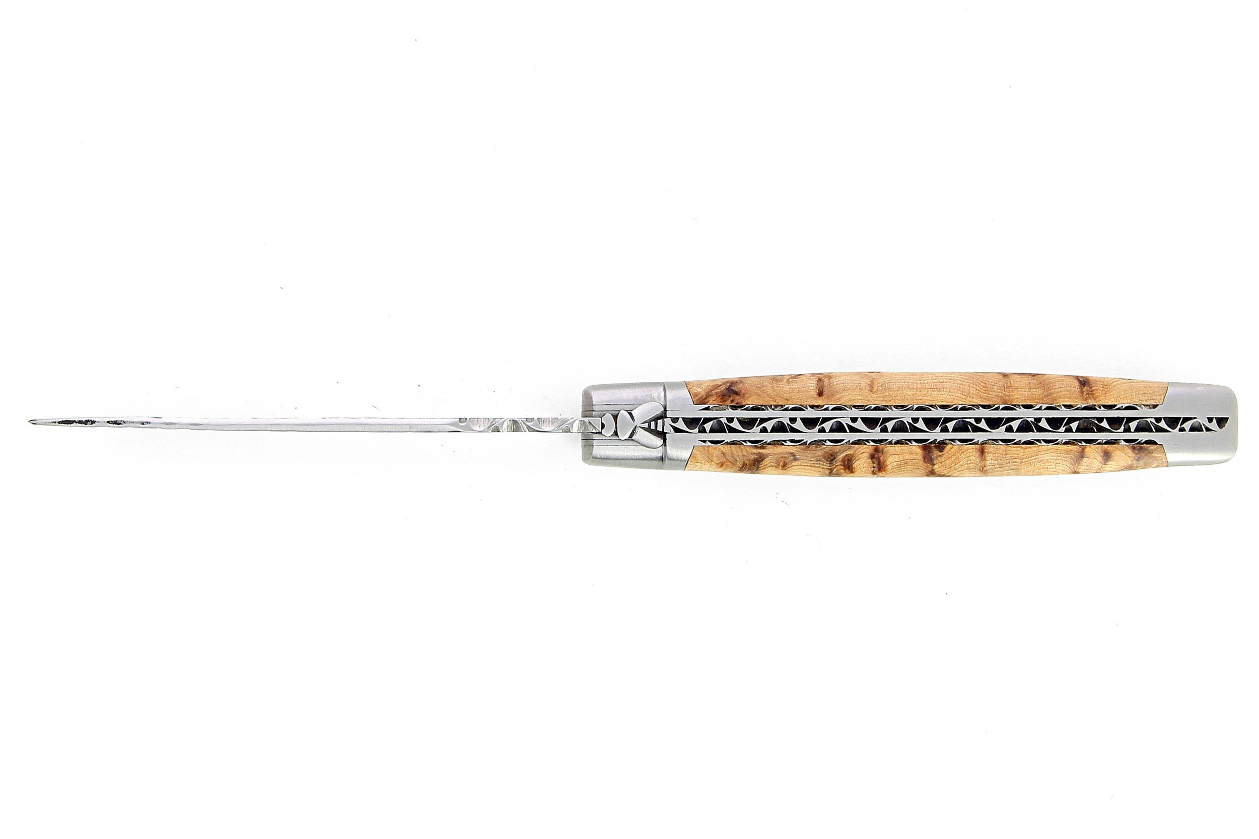 Laguiole pliant doubles platines, 13 cm, manche en genévrier, mitres inox brossées
