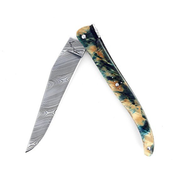 Laguiole 12 cm Abeille Forgée plein manche en peuplier stabilise bleu, platines inox guillochés et lame damas inox
