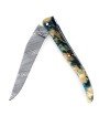 Laguiole 12 cm Abeille Forgée plein manche en peuplier stabilise bleu, platines inox guillochés et lame damas inox