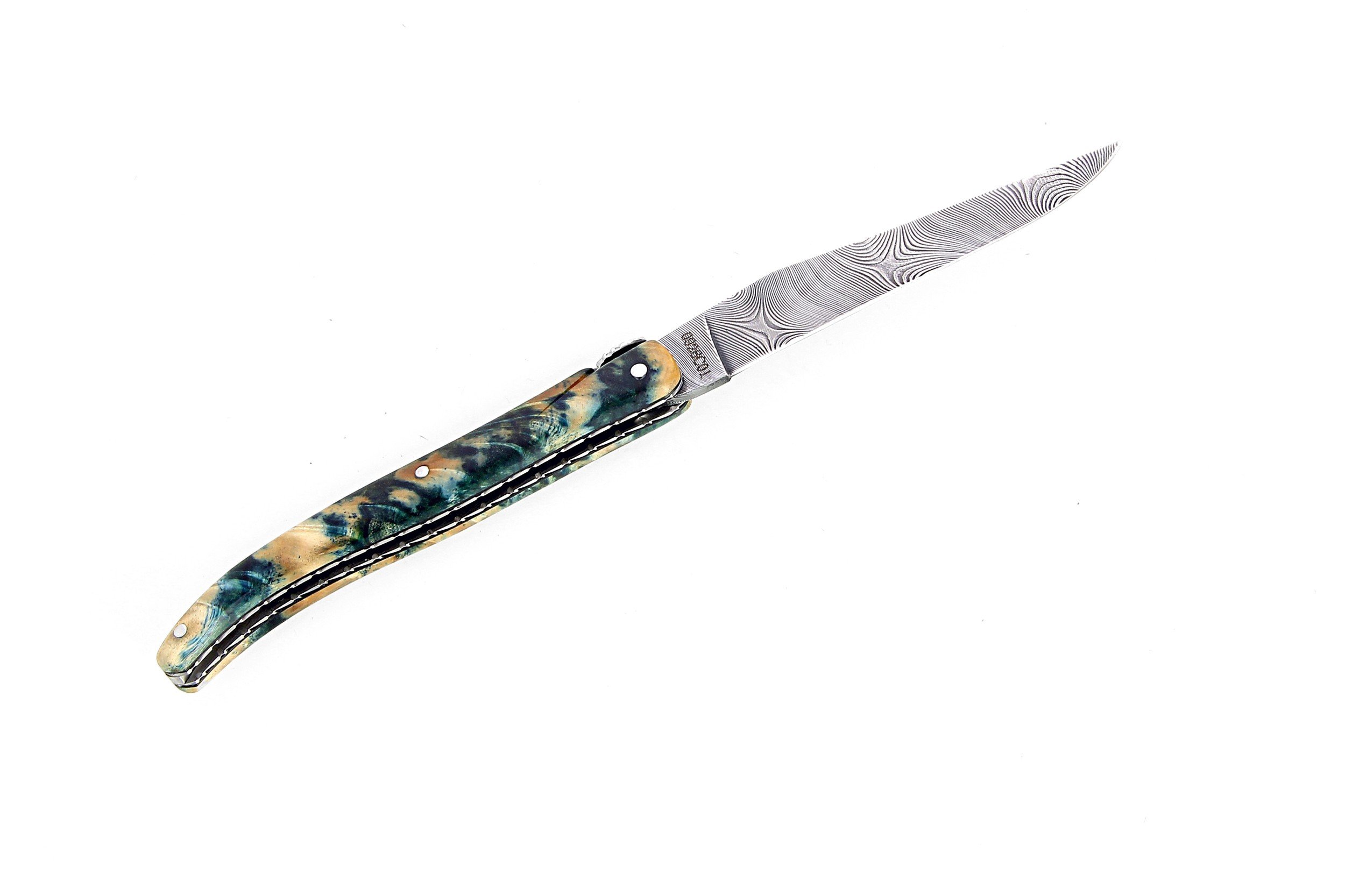 Laguiole 12 cm Abeille Forgée plein manche en peuplier stabilise bleu, platines inox guillochés et lame damas inox