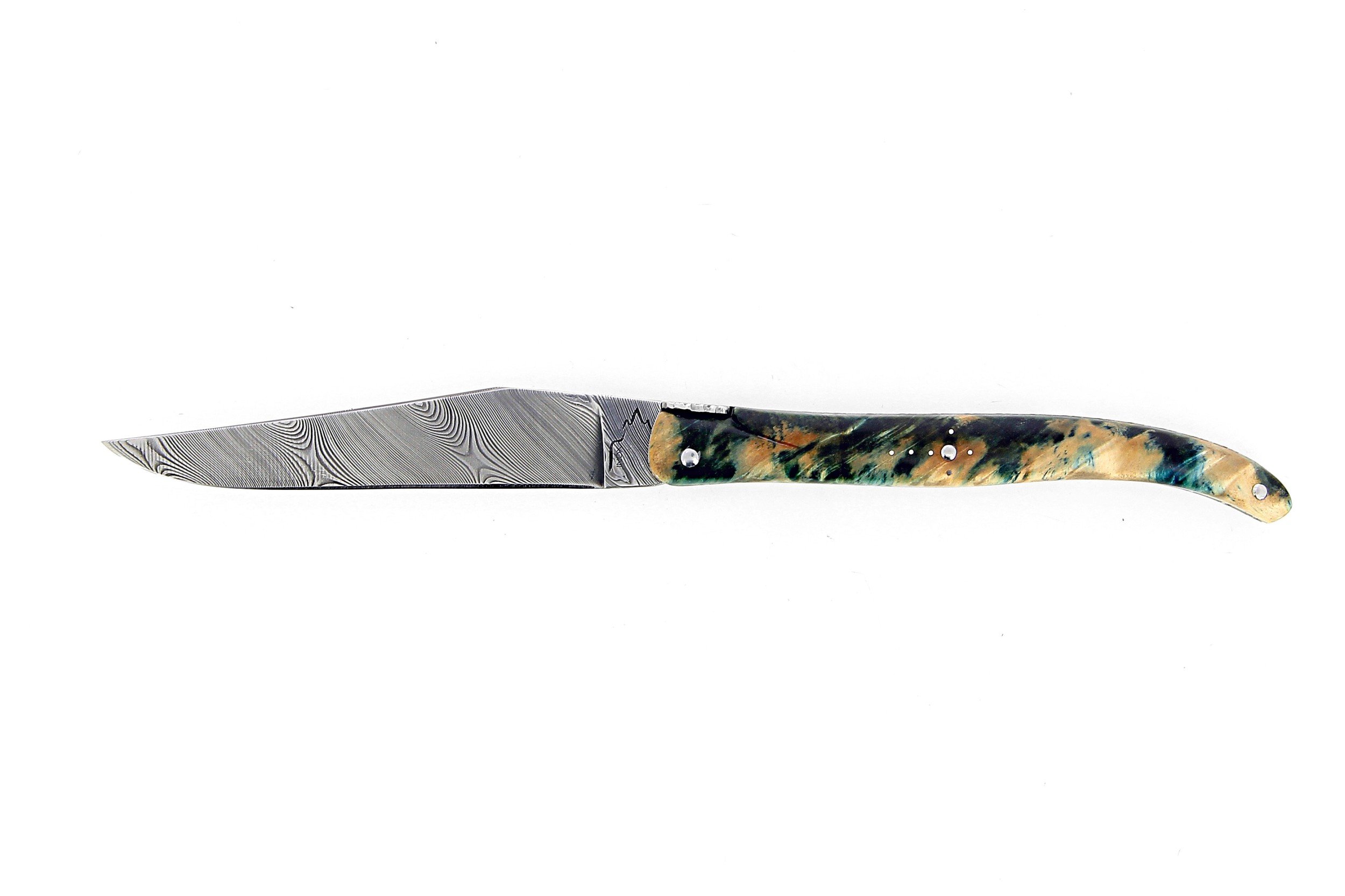 Laguiole 12 cm Abeille Forgée plein manche en peuplier stabilise bleu, platines inox guillochés et lame damas inox