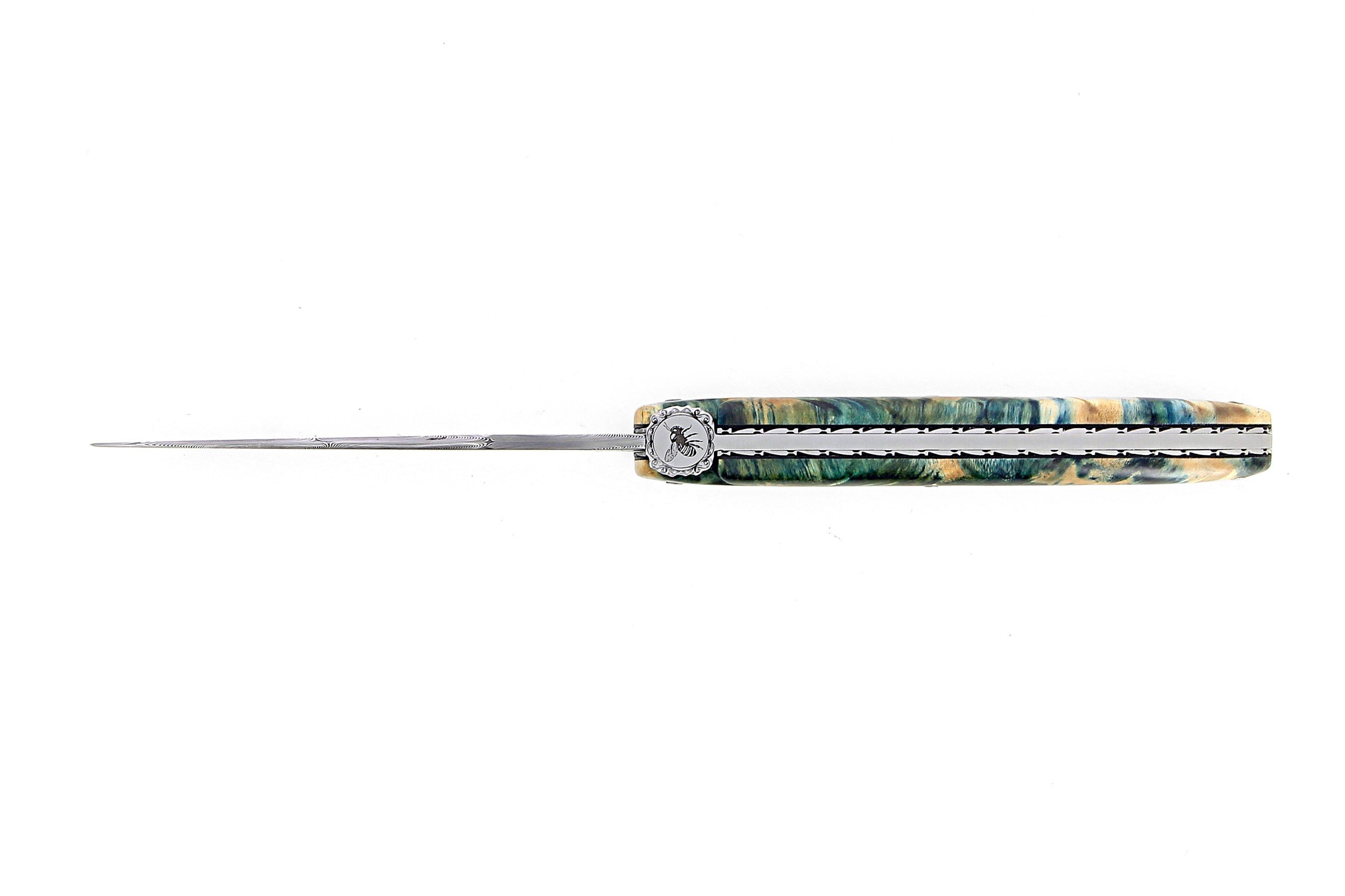 Laguiole 12 cm Abeille Forgée plein manche en peuplier stabilise bleu, platines inox guillochés et lame damas inox