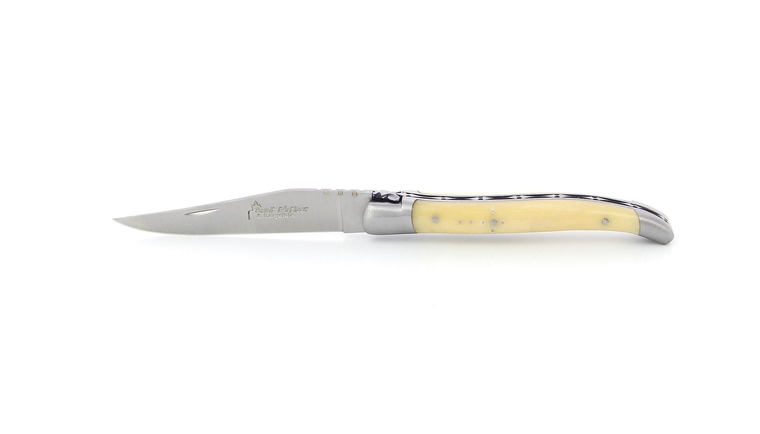 Laguiole pliant 10 cm, manche en os, mitres inox brossées
