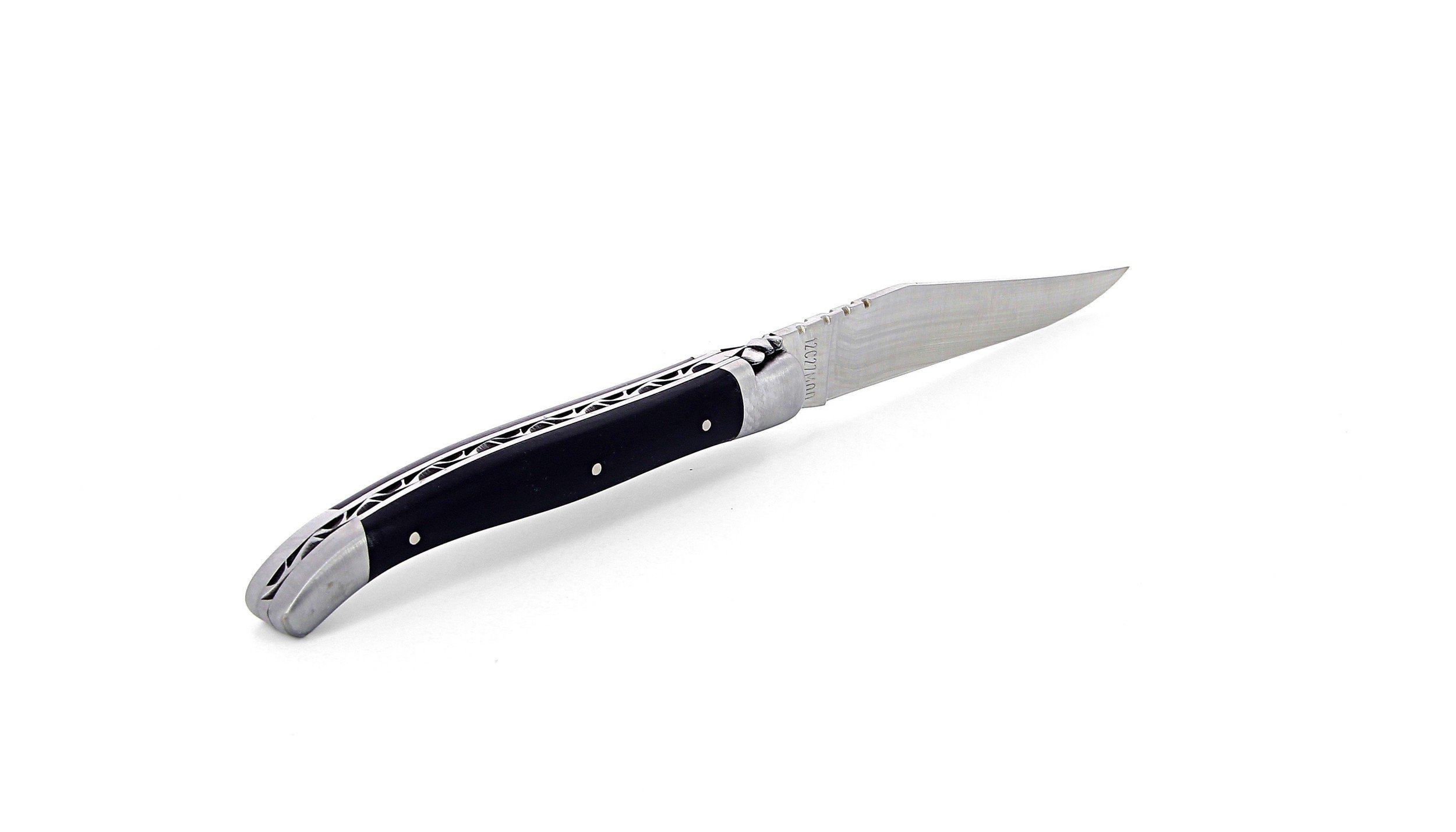 Laguiole pliant 11 cm, manche en corne de vache Aubrac, mitres inox brossées