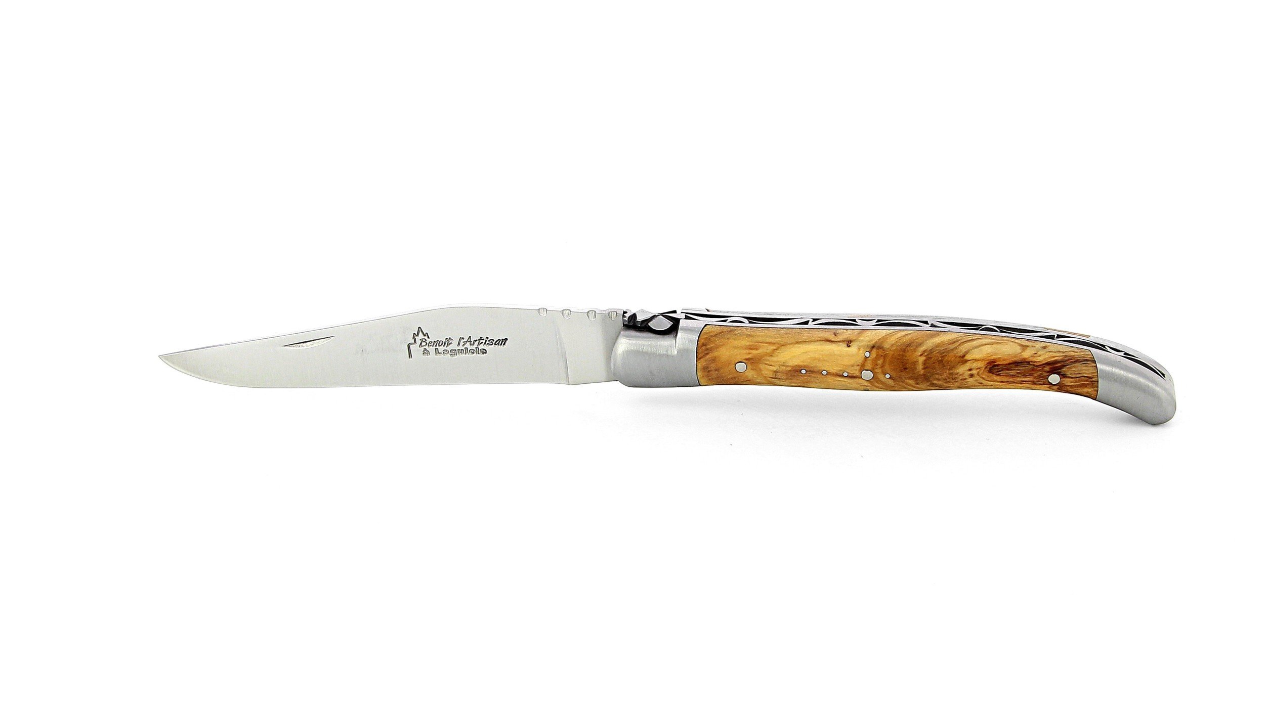 Laguiole pliant 11 cm, manche en olivier, mitres inox brossées