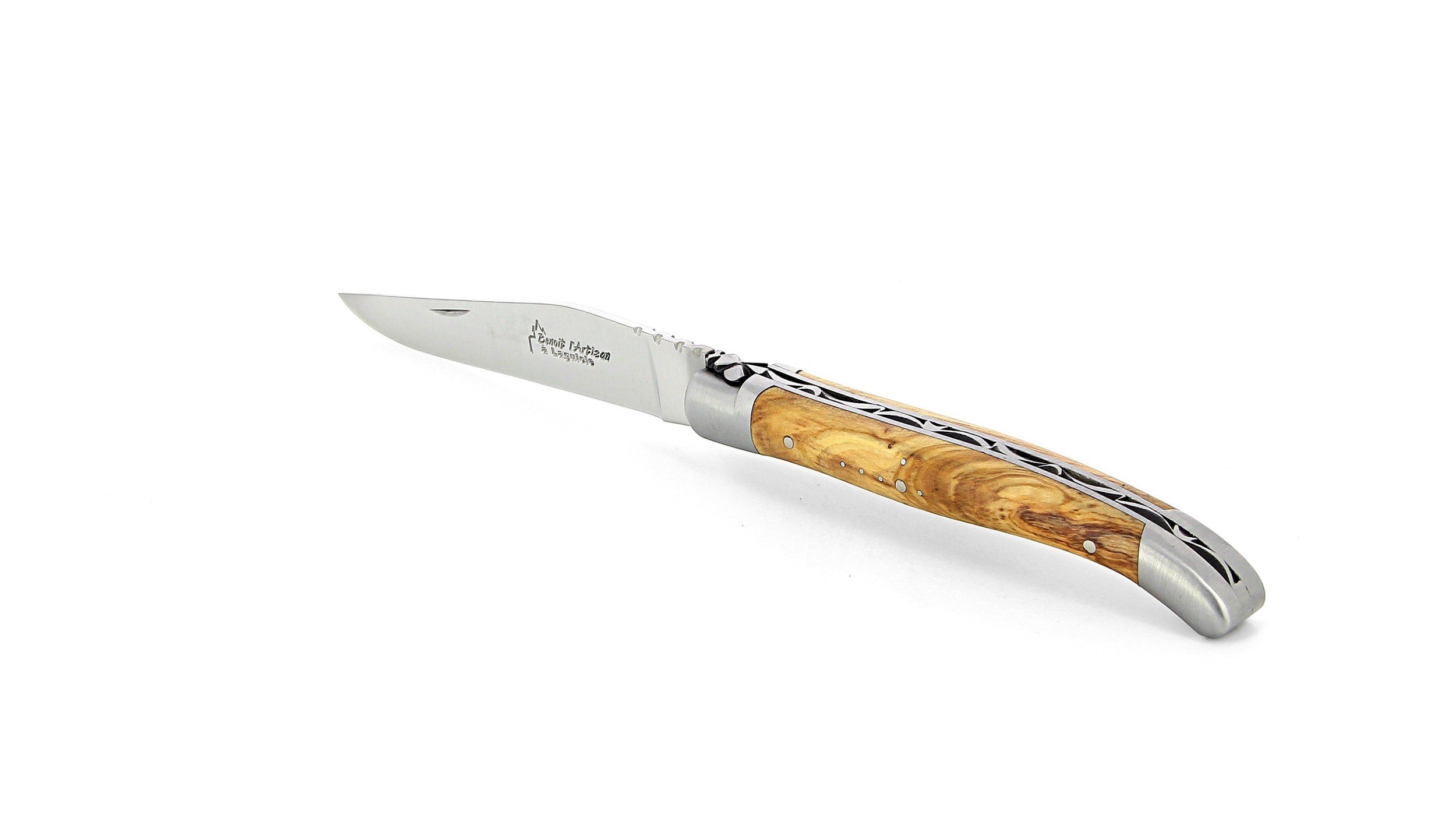 Laguiole pliant 11 cm, manche en olivier, mitres inox brossées