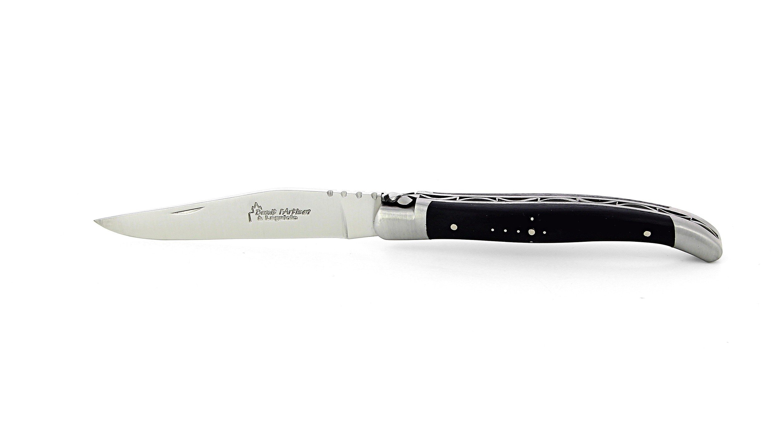 Laguiole pliant 11 cm, manche en ébène, mitres inox brossées