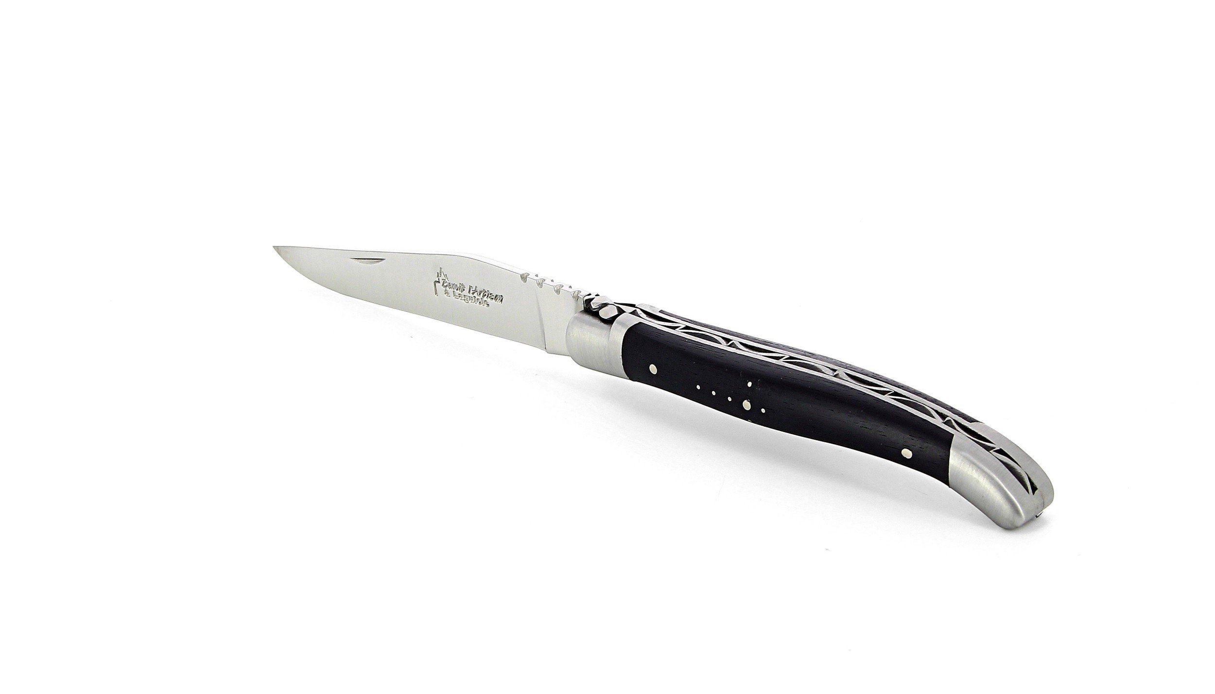 Laguiole pliant 11 cm, manche en ébène, mitres inox brossées
