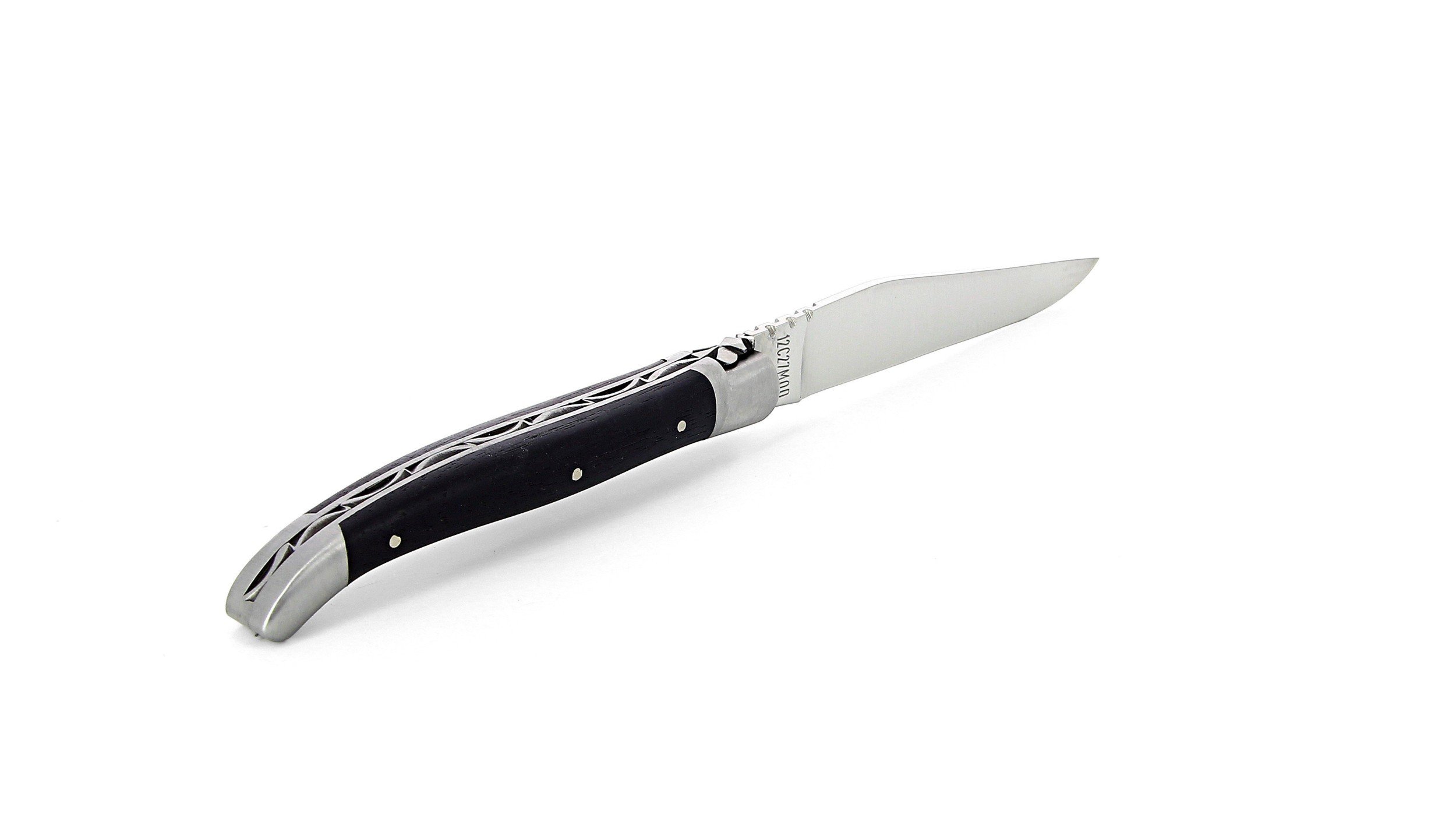 Laguiole pliant 11 cm, manche en ébène, mitres inox brossées