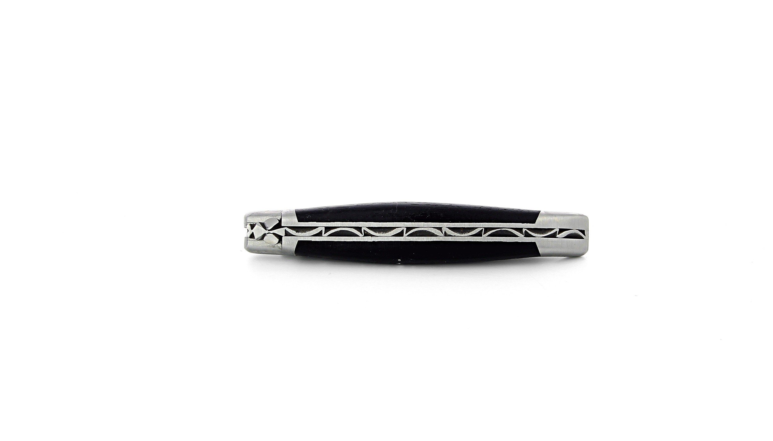 Laguiole pliant 11 cm, manche en ébène, mitres inox brossées