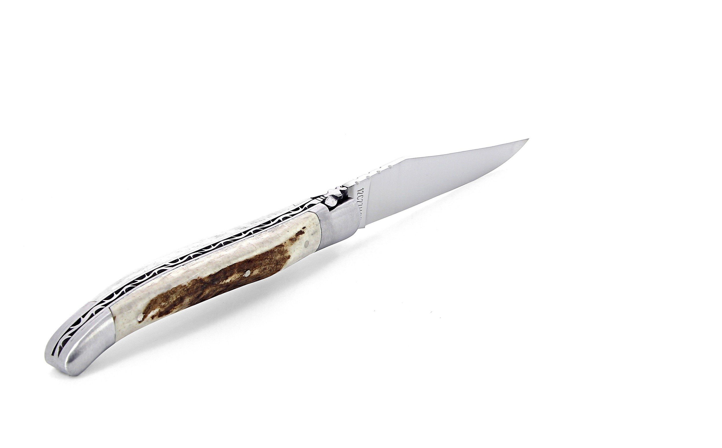 Laguiole pliant 12cm, manche en bois de cerf, mitres inox brossées