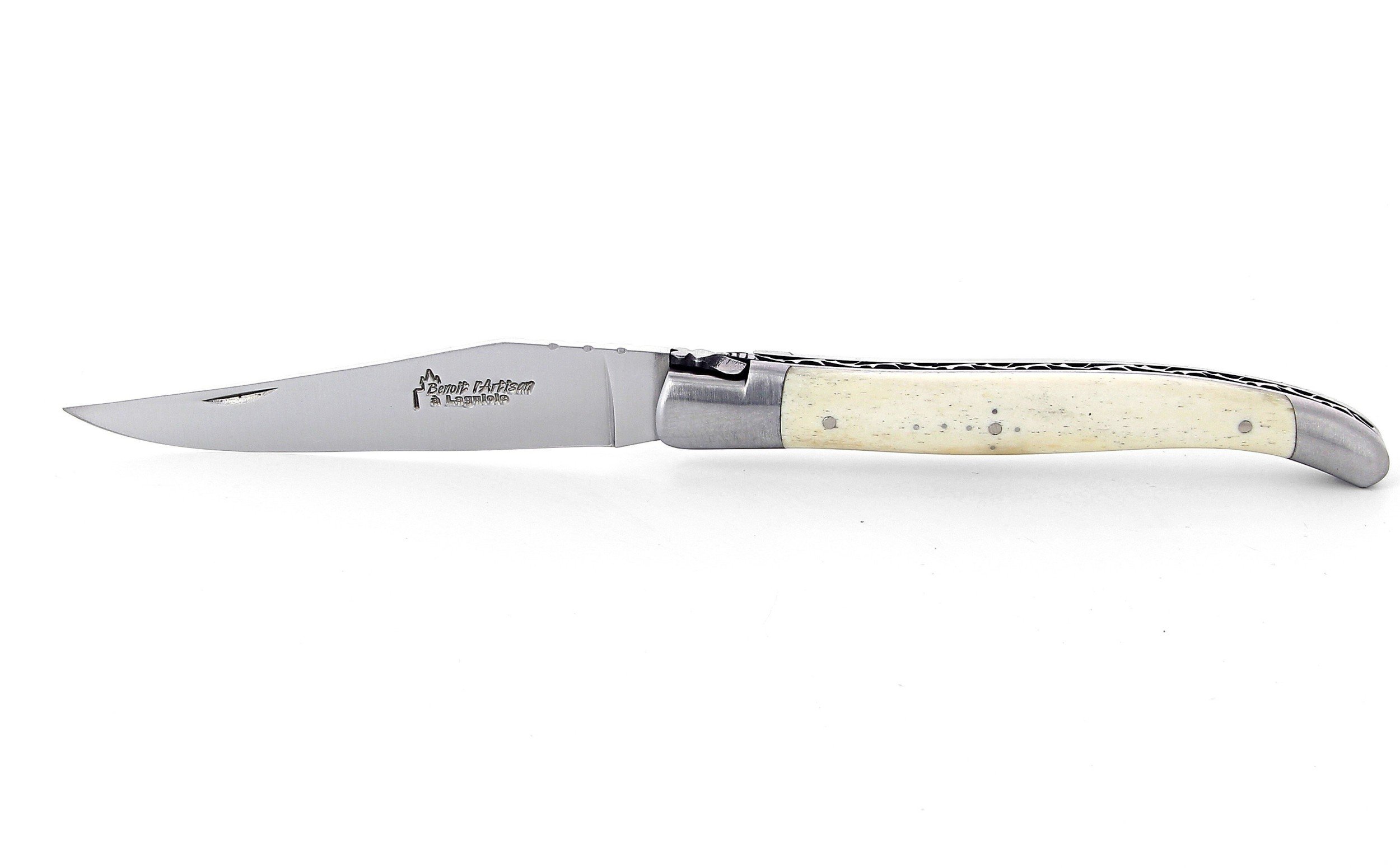 Laguiole pliant 12cm, manche en os, mitres inox brossées