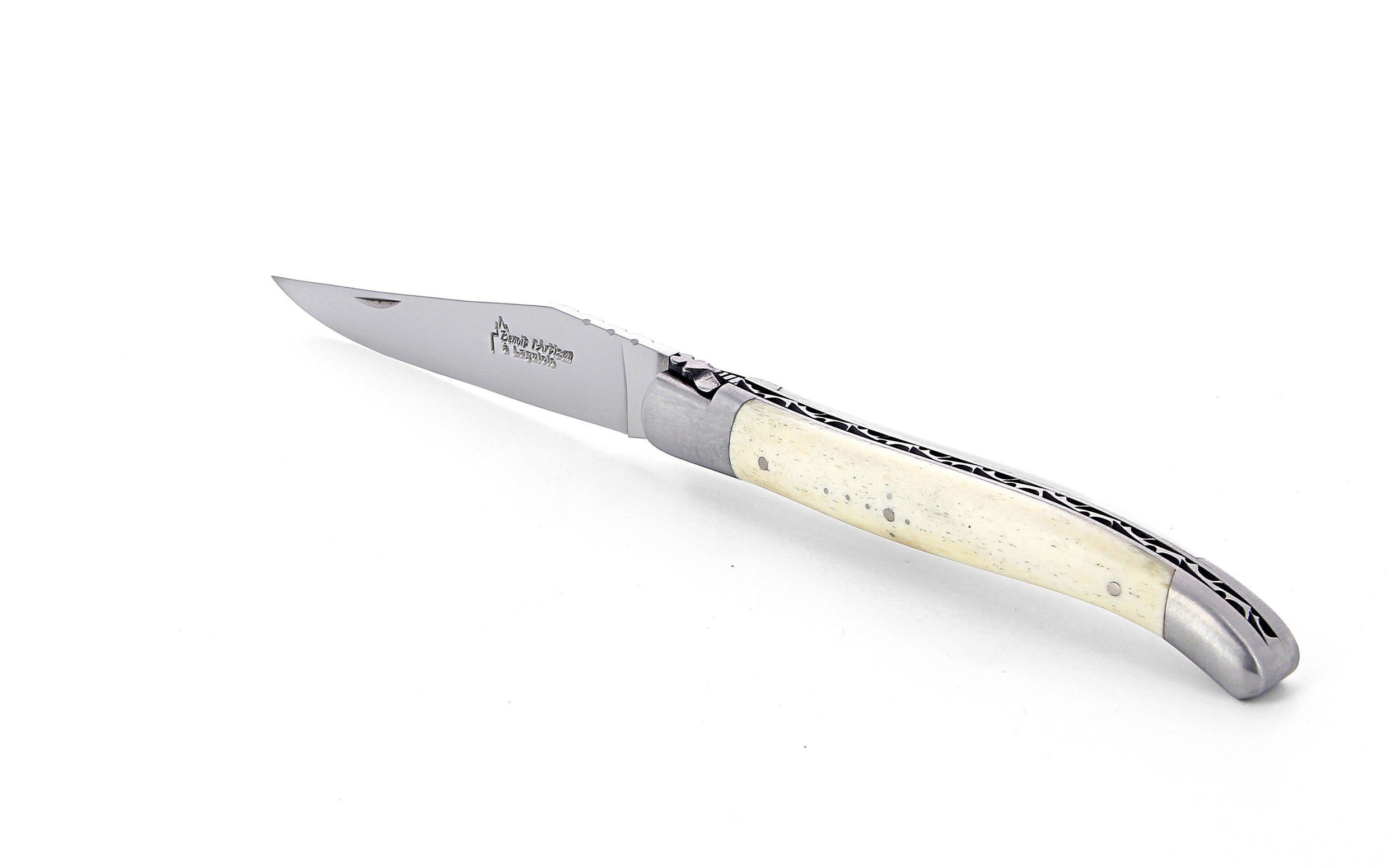 Laguiole pliant 12cm, manche en os, mitres inox brossées