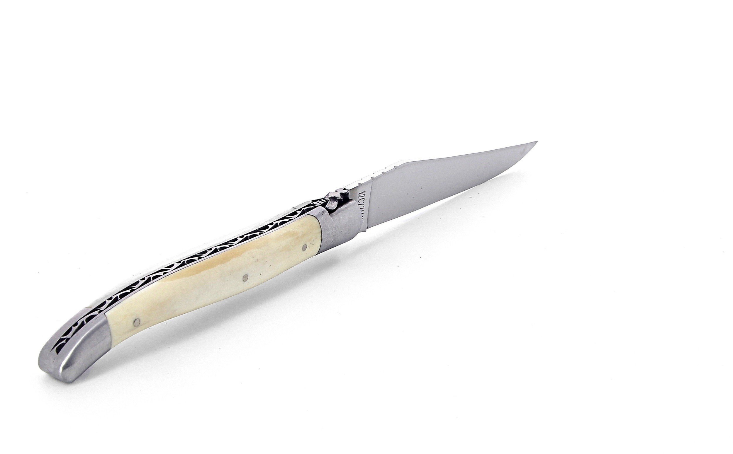 Laguiole pliant 12cm, manche en os, mitres inox brossées