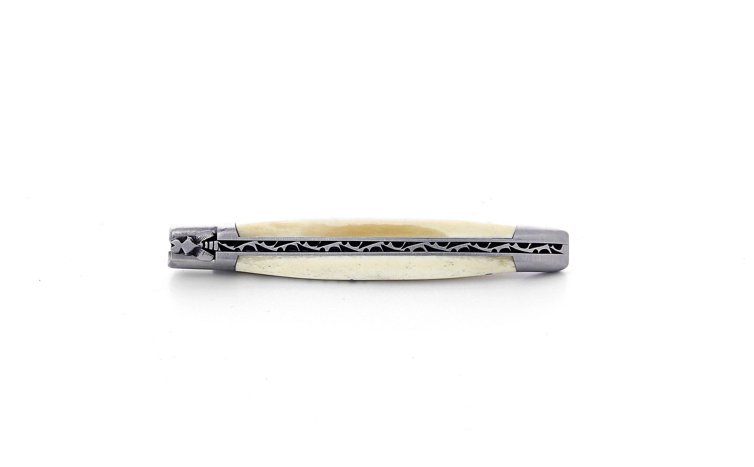 Laguiole pliant 12cm, manche en os, mitres inox brossées
