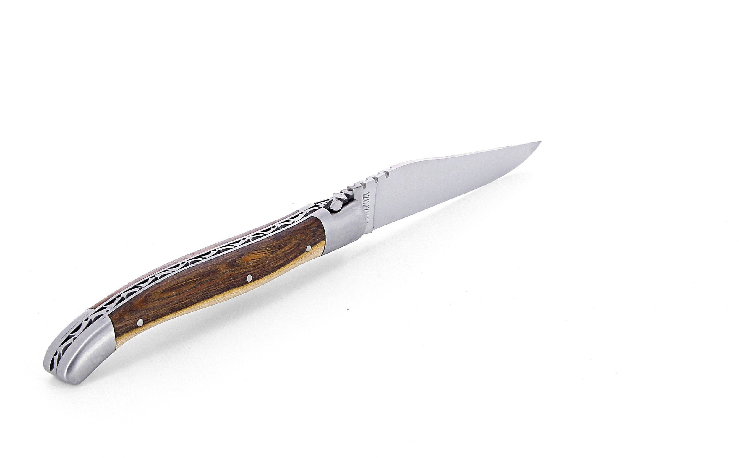 Laguiole pliant 12cm, manche en pistachier, mitres inox brossées