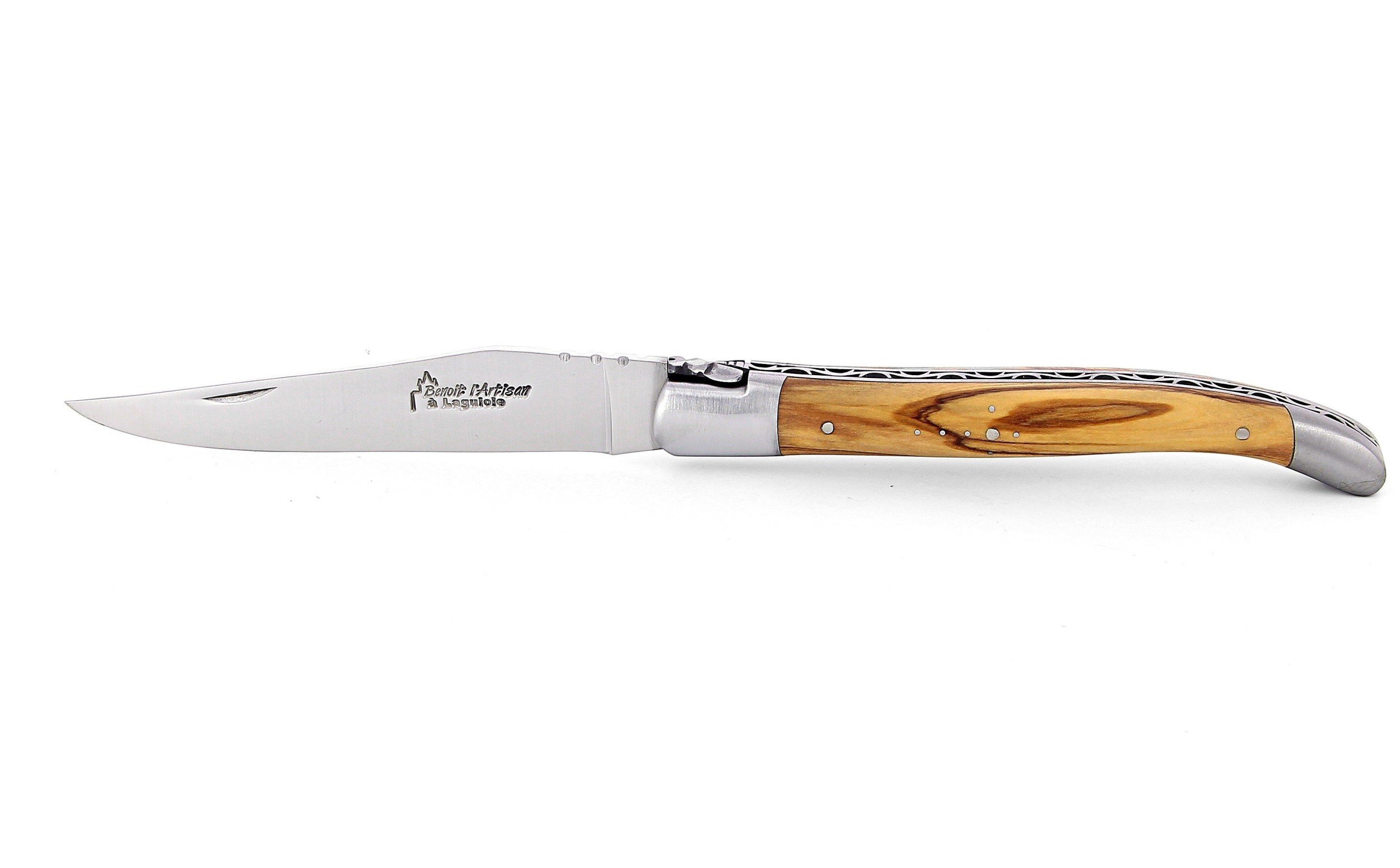 Laguiole pliant 12cm, manche en olivier, mitres inox brossées