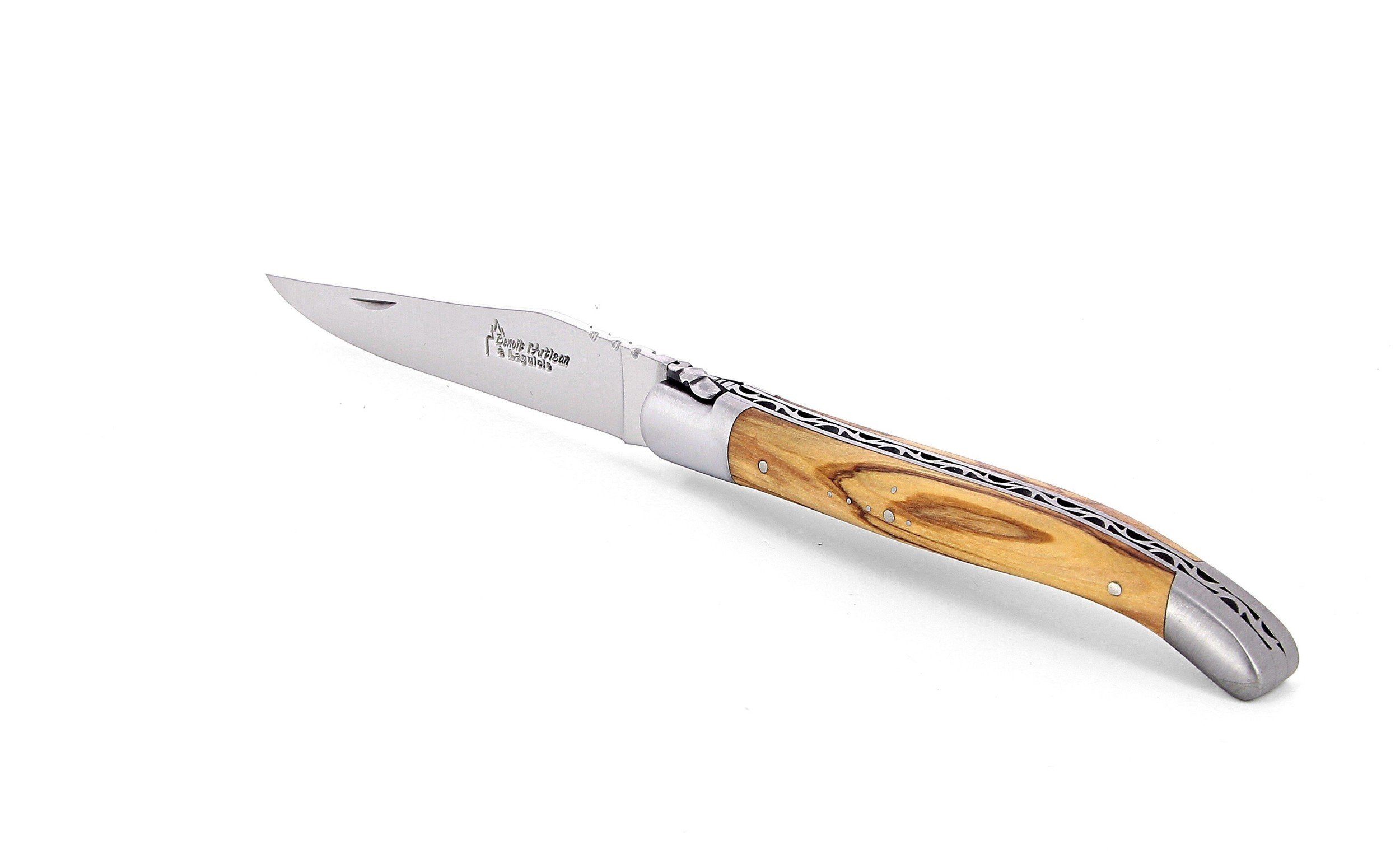 Laguiole pliant 12cm, manche en olivier, mitres inox brossées