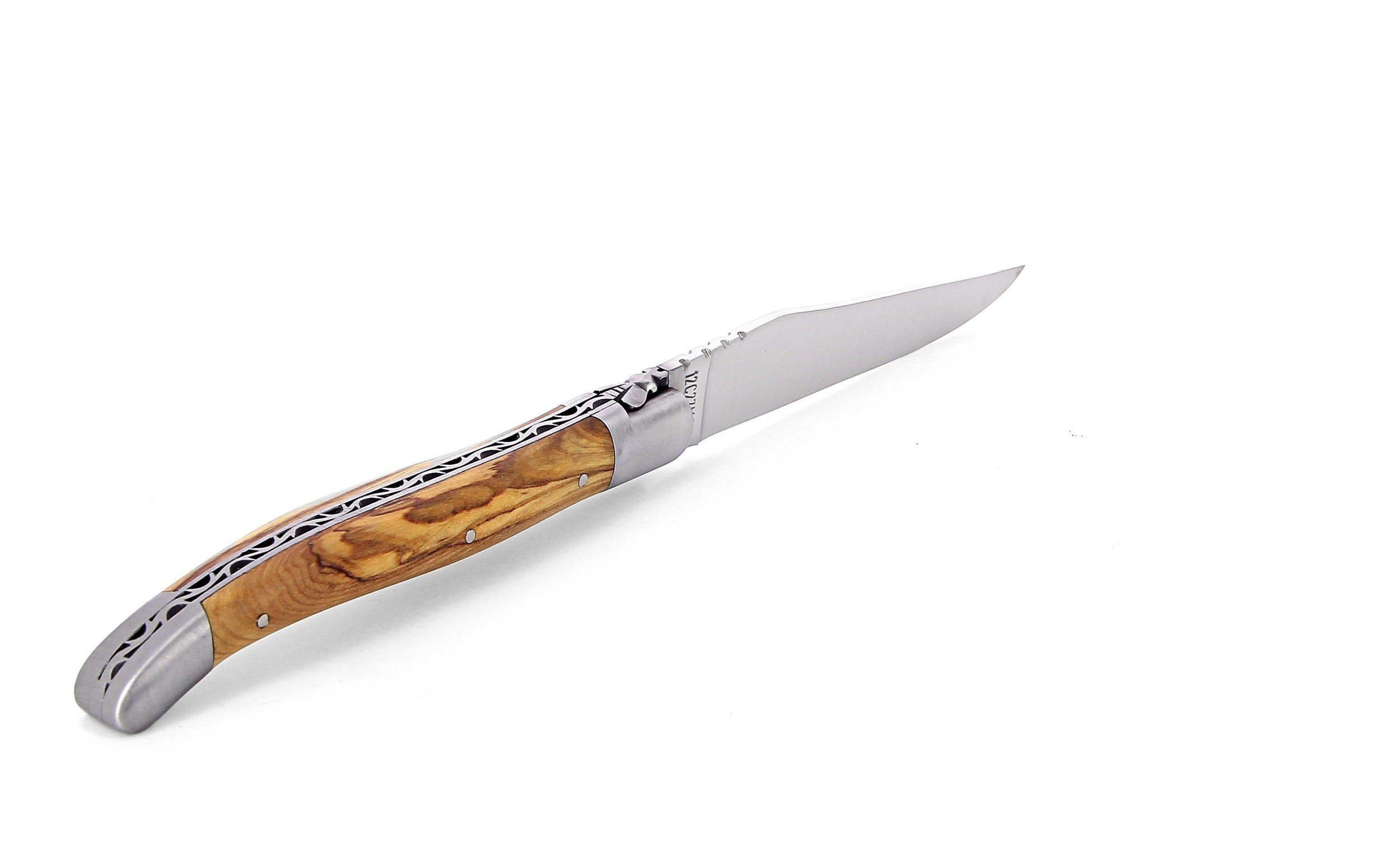 Laguiole pliant 12cm, manche en olivier, mitres inox brossées