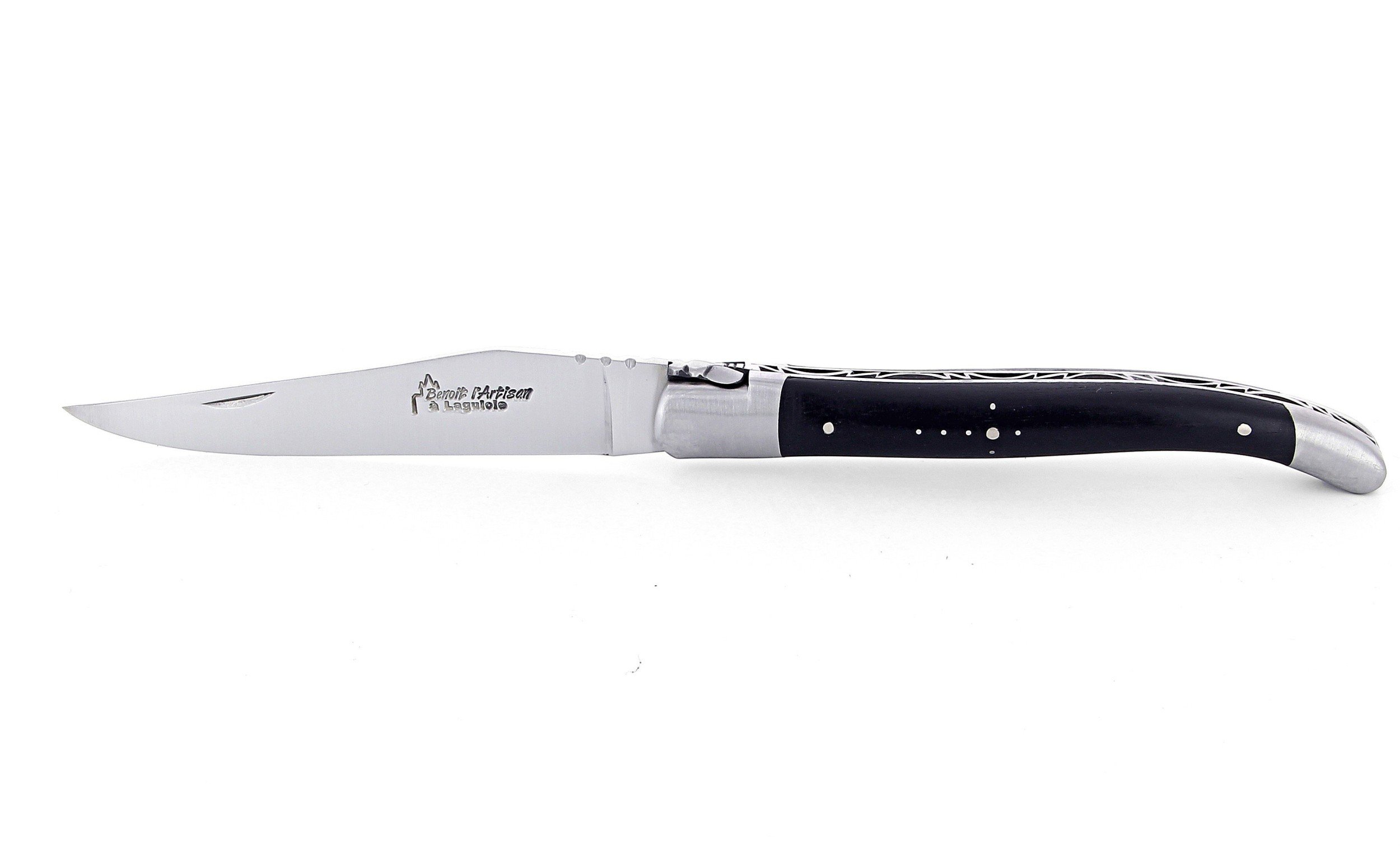 Laguiole pliant 12cm, manche en ébène, mitres inox brossées